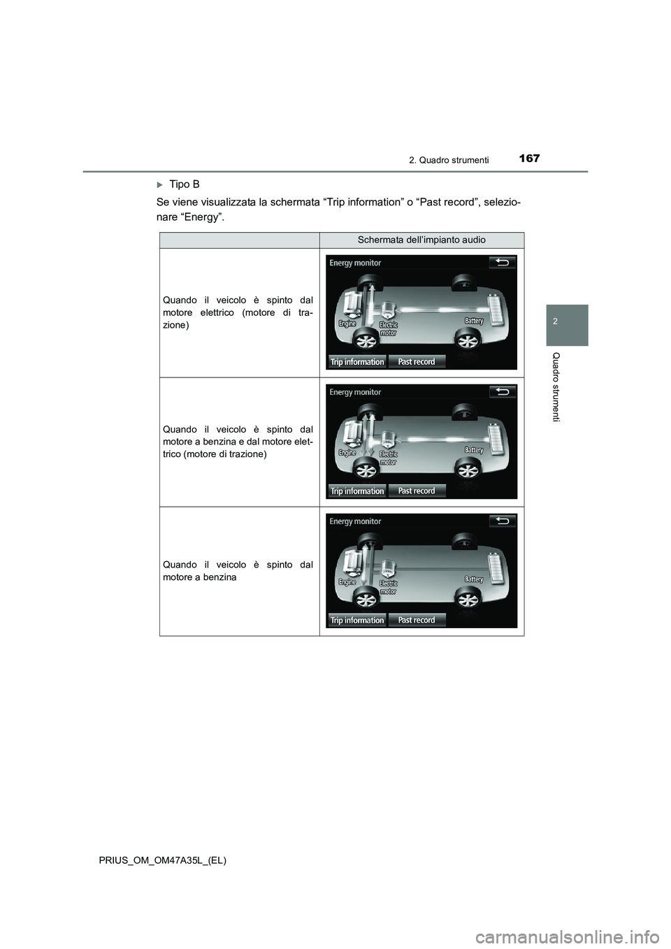 TOYOTA PRIUS 2016  Manuale duso (in Italian) 1672. Quadro strumenti
2
Quadro strumenti
PRIUS_OM_OM47A35L_(EL)
�XTipo B
Se viene visualizzata la schermata “Trip information” o “Past record”, selezio-
nare “Energy”.
Schermata dell’im