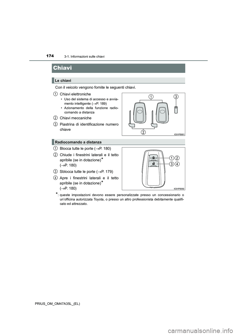 TOYOTA PRIUS 2016  Manuale duso (in Italian) 1743-1. Informazioni sulle chiavi
PRIUS_OM_OM47A35L_(EL)
Chiavi
Con il veicolo vengono fornite le seguenti chiavi.Chiavi elettroniche
• Uso del sistema di accesso e avvia-mento intelligente ( →P. 