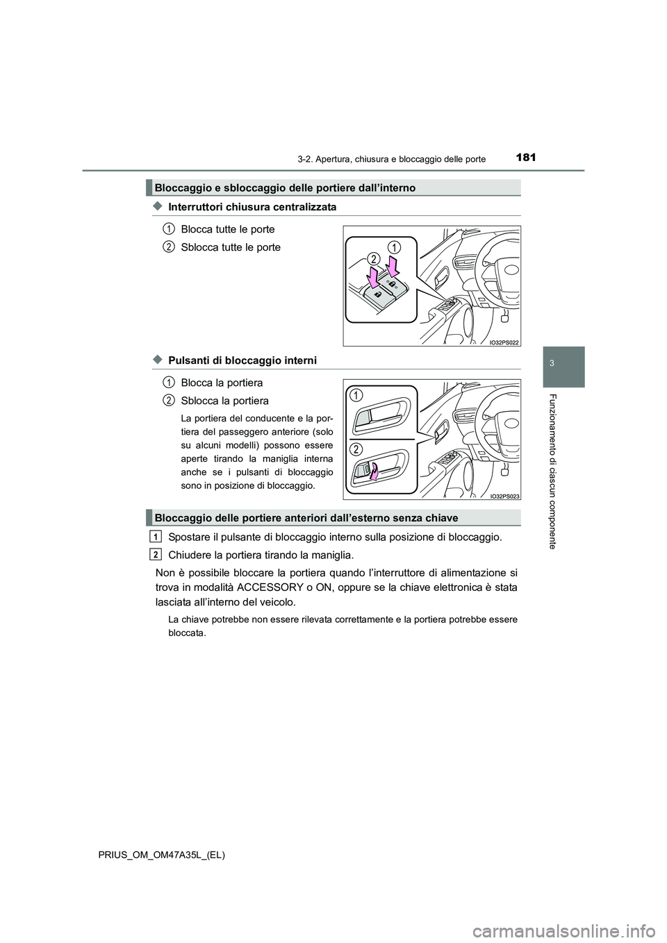 TOYOTA PRIUS 2016  Manuale duso (in Italian) 1813-2. Apertura, chiusura e bloccaggio delle porte
3
Funzionamento di ciascun componente
PRIUS_OM_OM47A35L_(EL)
◆Interruttori chiusura centralizzataBlocca tutte le porte
Sblocca tutte le porte
◆P