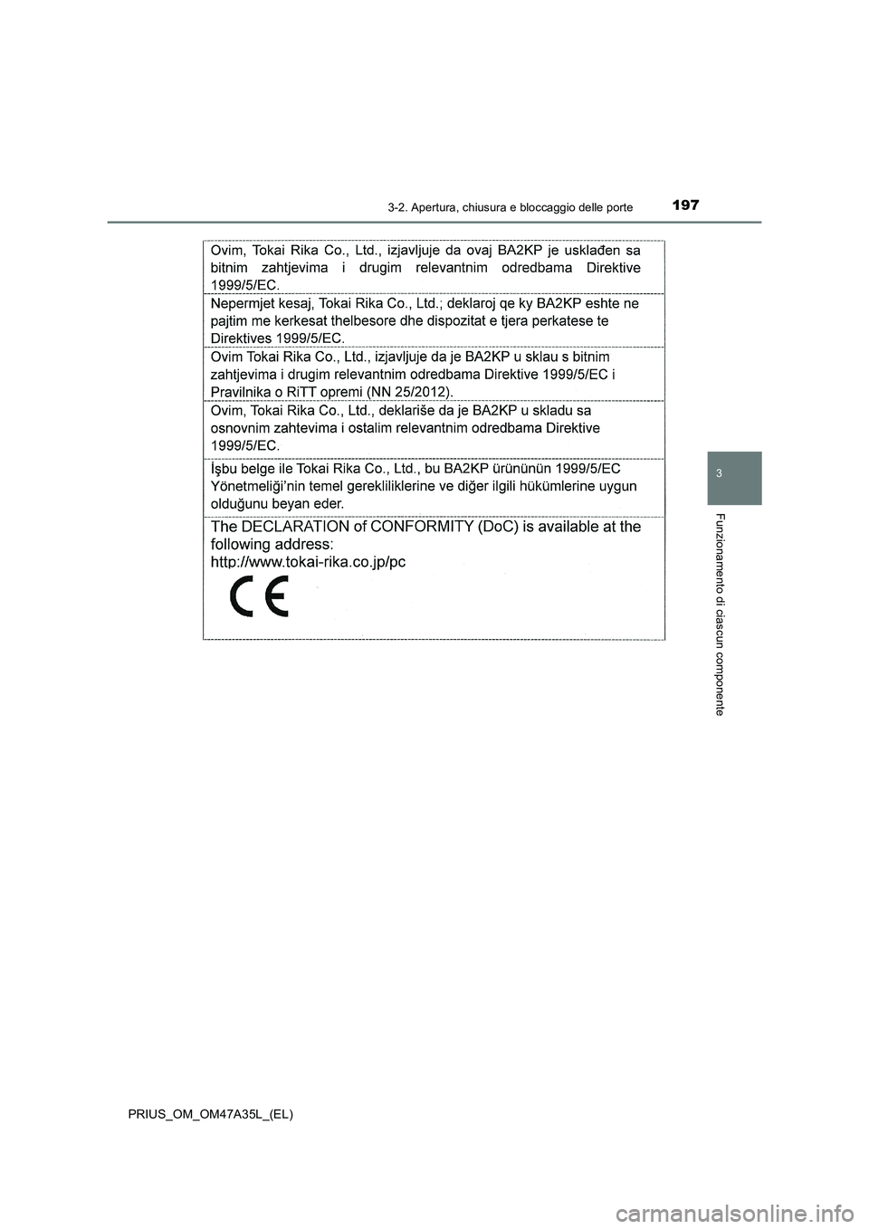 TOYOTA PRIUS 2016 Manuale duso (in Italian) 1973-2. Apertura, chiusura e bloccaggio delle porte
3
Funzionamento di ciascun componente
PRIUS_OM_OM47A35L_(EL) TOYOTA PRIUS 2016 Manuale duso (in Italian) 1973-2. Apertura, chiusura e bloccaggio delle porte
3
Funzionamento di ciascun componente
PRIUS_OM_OM47A35L_(EL)