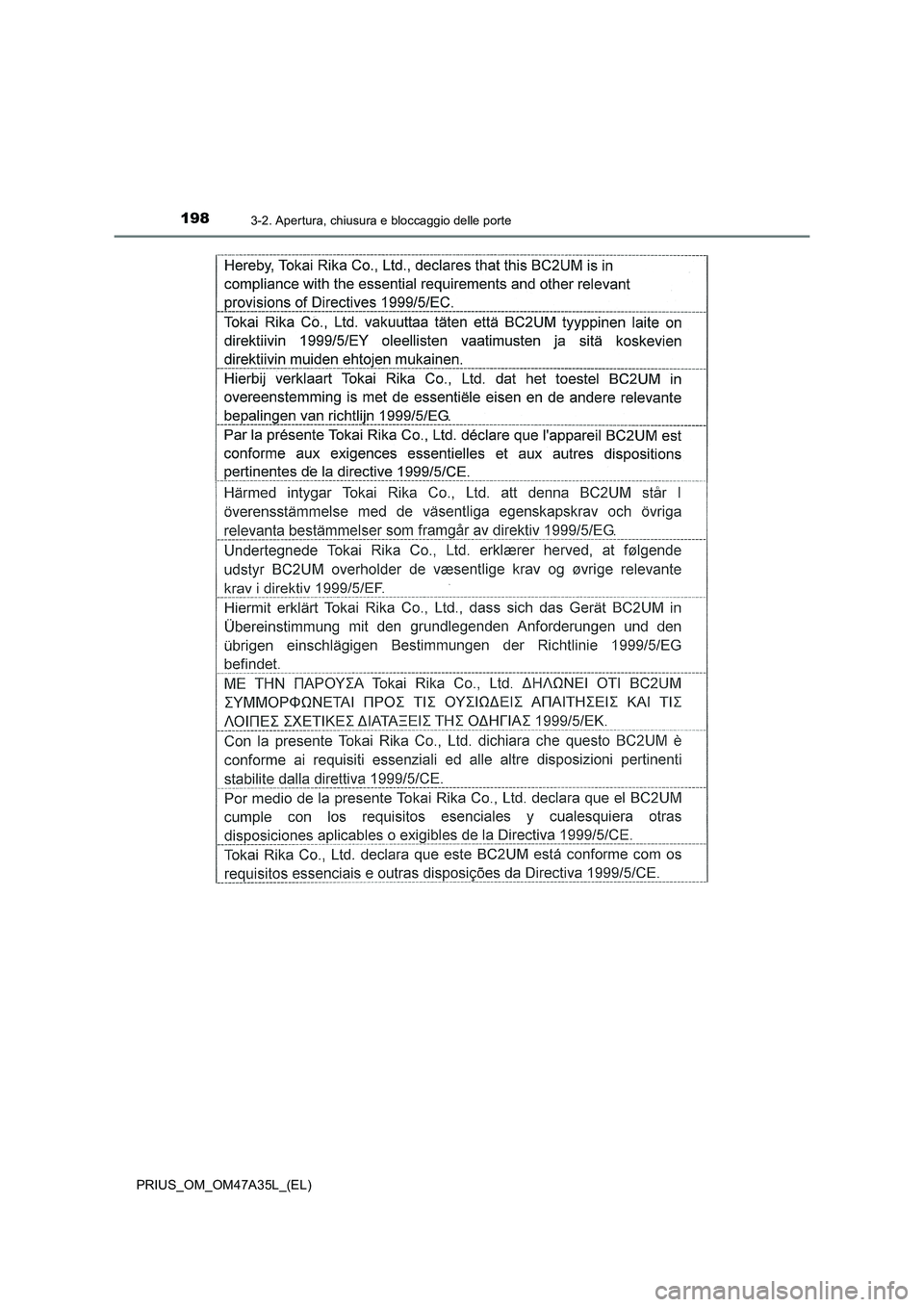 TOYOTA PRIUS 2016 Manuale duso (in Italian) 1983-2. Apertura, chiusura e bloccaggio delle porte
PRIUS_OM_OM47A35L_(EL) TOYOTA PRIUS 2016 Manuale duso (in Italian) 1983-2. Apertura, chiusura e bloccaggio delle porte
PRIUS_OM_OM47A35L_(EL)