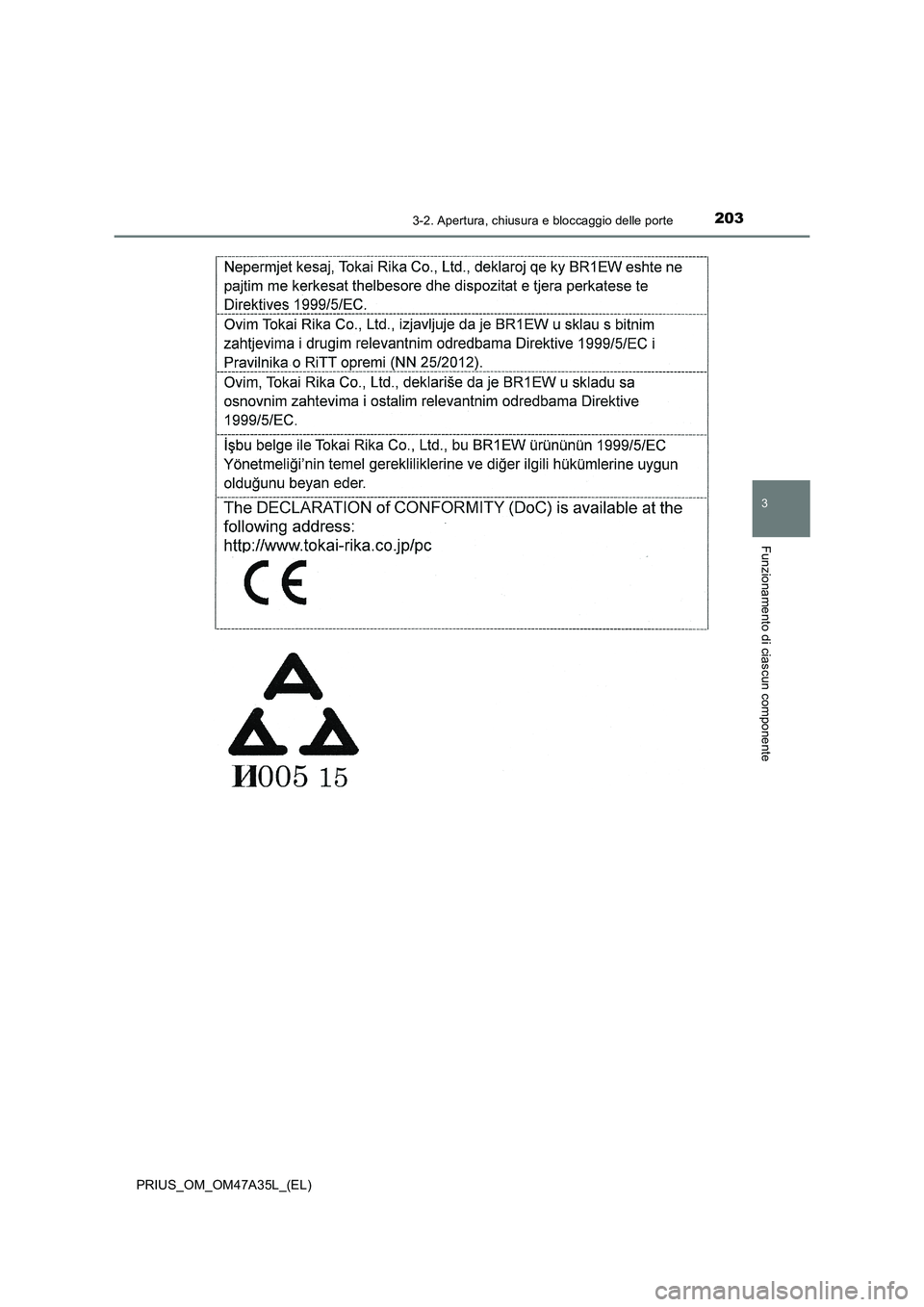 TOYOTA PRIUS 2016  Manuale duso (in Italian) 2033-2. Apertura, chiusura e bloccaggio delle porte
3
Funzionamento di ciascun componente
PRIUS_OM_OM47A35L_(EL) 