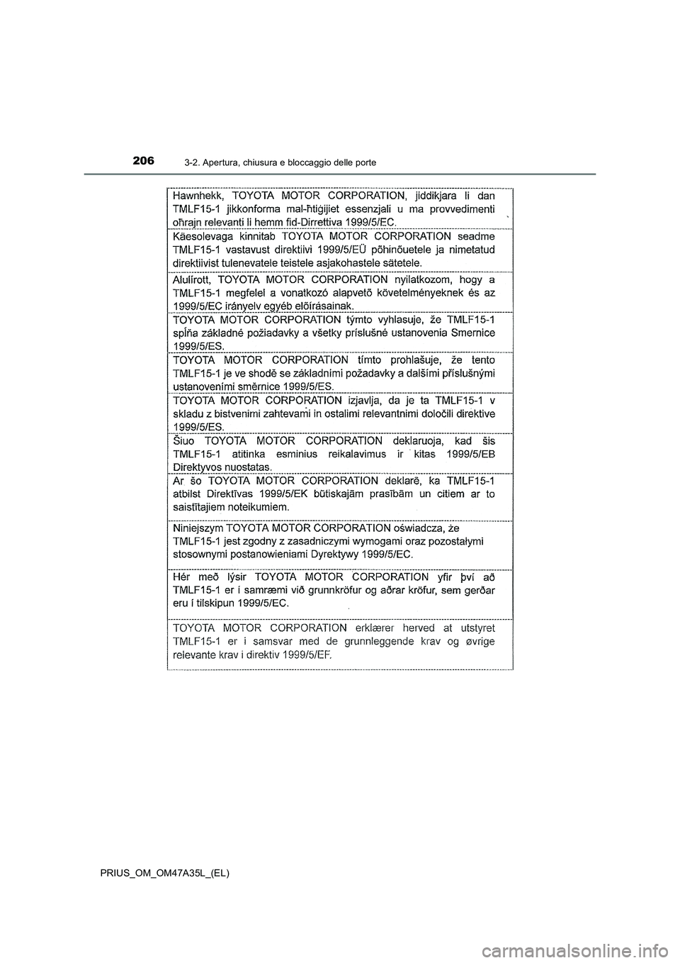 TOYOTA PRIUS 2016  Manuale duso (in Italian) 2063-2. Apertura, chiusura e bloccaggio delle porte
PRIUS_OM_OM47A35L_(EL) 