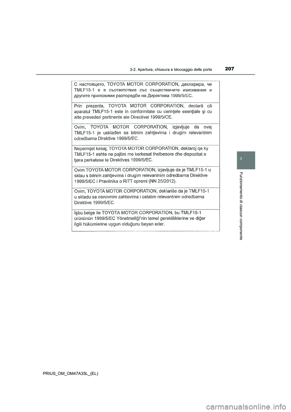 TOYOTA PRIUS 2016  Manuale duso (in Italian) 2073-2. Apertura, chiusura e bloccaggio delle porte
3
Funzionamento di ciascun componente
PRIUS_OM_OM47A35L_(EL) 