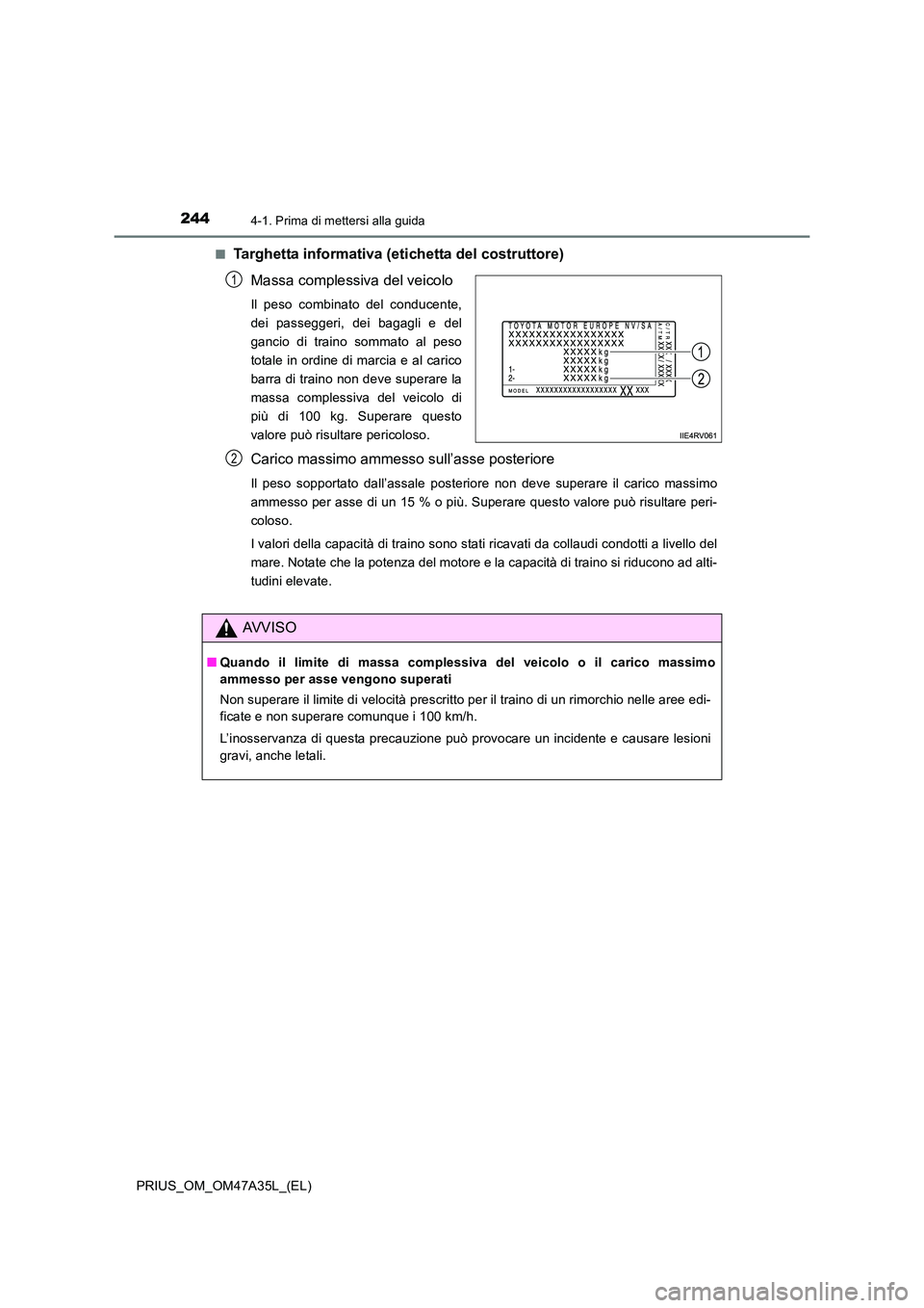 TOYOTA PRIUS 2016  Manuale duso (in Italian) 2444-1. Prima di mettersi alla guida
PRIUS_OM_OM47A35L_(EL)■
Targhetta informativa (eti
chetta del costruttore)
Massa complessiva del veicolo
Il peso combinato del conducente,
dei passeggeri, dei ba