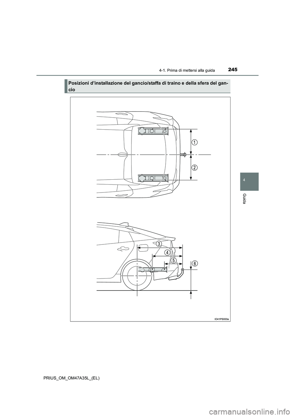 TOYOTA PRIUS 2016  Manuale duso (in Italian) 2454-1. Prima di mettersi alla guida
4
Guida
PRIUS_OM_OM47A35L_(EL)
Posizioni d’installazione del gancio/staffa di traino e della sfera del gan-
cio 