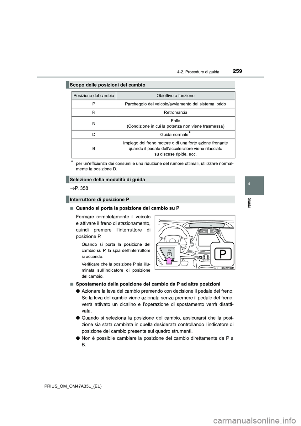 TOYOTA PRIUS 2016 Manuale duso (in Italian) 2594-2. Procedure di guida
4
Guida
PRIUS_OM_OM47A35L_(EL)
*: per un’efficienza dei consumi e una riduzione del rumore ottimali, utilizzare normal-mente la posizione D.
→ P. 358
■Quando si porta TOYOTA PRIUS 2016 Manuale duso (in Italian) 2594-2. Procedure di guida
4
Guida
PRIUS_OM_OM47A35L_(EL)
*: per un’efficienza dei consumi e una riduzione del rumore ottimali, utilizzare normal-mente la posizione D.
→ P. 358
■Quando si porta