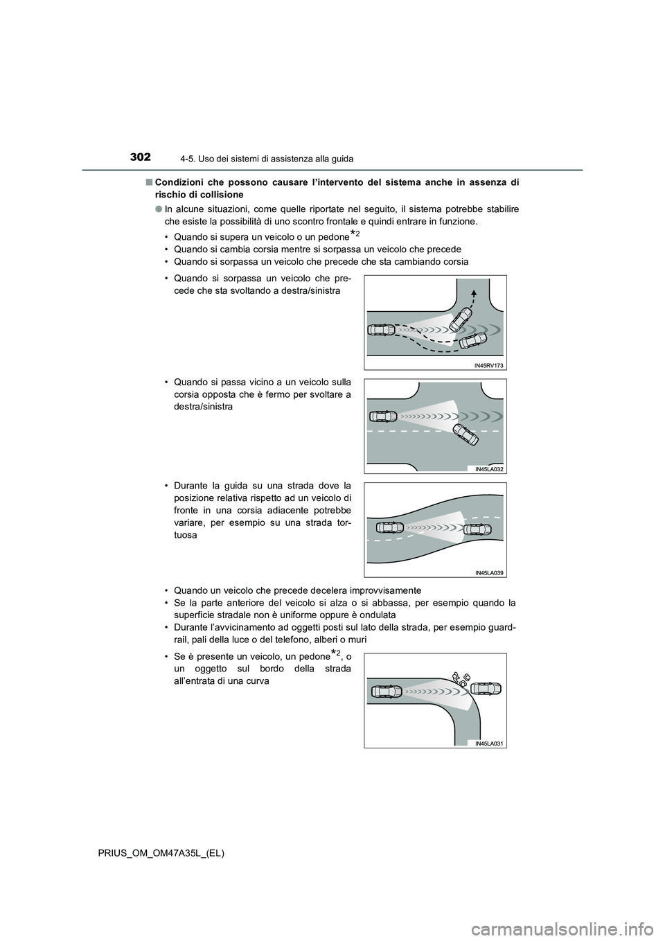TOYOTA PRIUS 2016 Manuale duso (in Italian) 3024-5. Uso dei sistemi di assistenza alla guida
PRIUS_OM_OM47A35L_(EL)■
Condizioni che possono causare l’intervento del sistema anche in assenza di
rischio di collisione
●In alcune situazioni, TOYOTA PRIUS 2016 Manuale duso (in Italian) 3024-5. Uso dei sistemi di assistenza alla guida
PRIUS_OM_OM47A35L_(EL)■
Condizioni che possono causare l’intervento del sistema anche in assenza di
rischio di collisione
●In alcune situazioni,