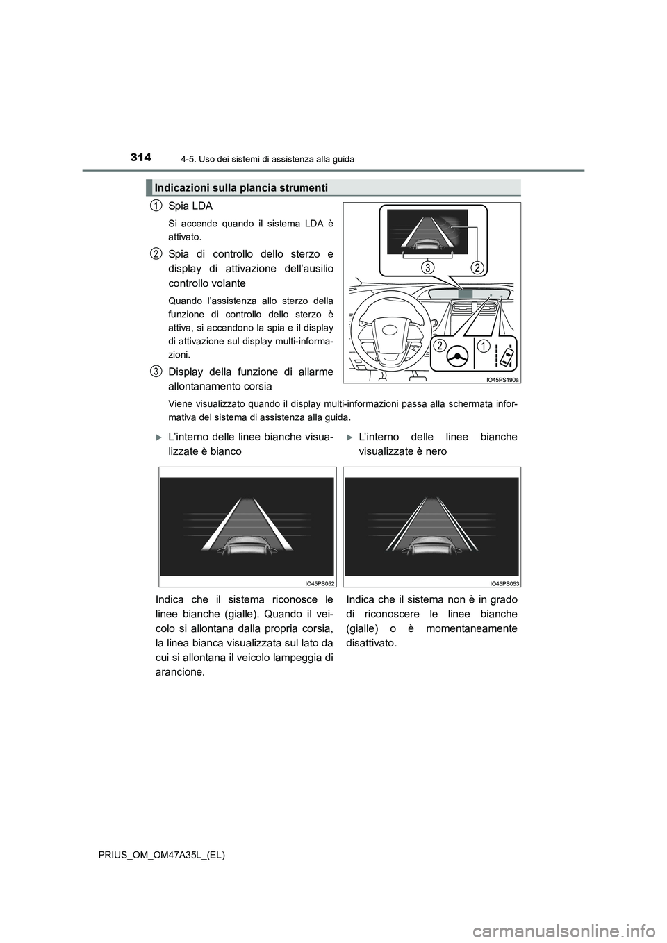 TOYOTA PRIUS 2016 Manuale duso (in Italian) 3144-5. Uso dei sistemi di assistenza alla guida
PRIUS_OM_OM47A35L_(EL)
Spi a LDA
Si accende quando il sistema LDA è
attivato.
Spia di controllo dello sterzo e
display di attivazione dell’ausilio
c TOYOTA PRIUS 2016 Manuale duso (in Italian) 3144-5. Uso dei sistemi di assistenza alla guida
PRIUS_OM_OM47A35L_(EL)
Spi a LDA
Si accende quando il sistema LDA è
attivato.
Spia di controllo dello sterzo e
display di attivazione dell’ausilio
c