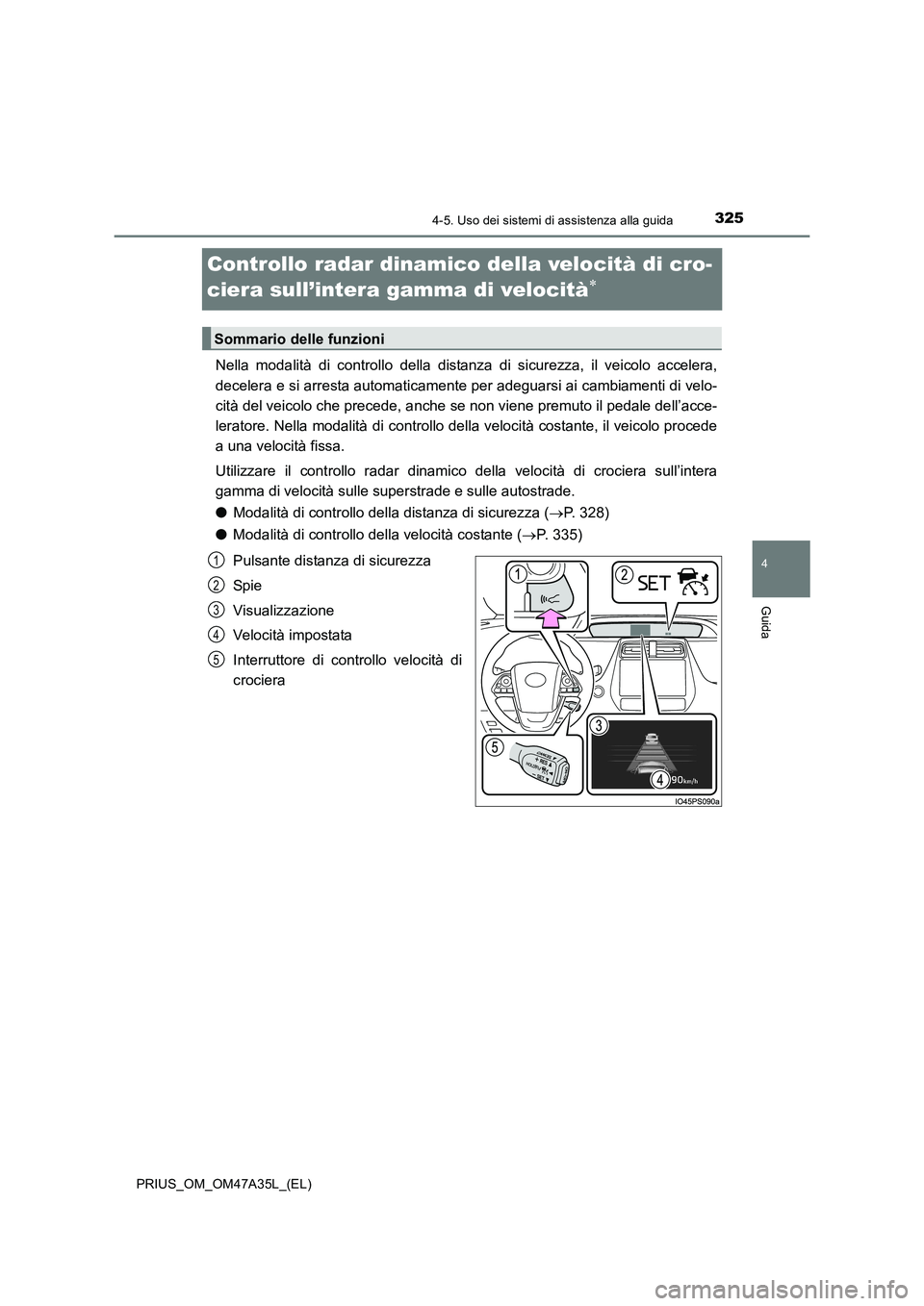 TOYOTA PRIUS 2016 Manuale duso (in Italian) 325
4
4-5. Uso dei sistemi di assistenza alla guida
Guida
PRIUS_OM_OM47A35L_(EL)
Controllo radar dinamico della velocità di cro-
ciera sull’intera gamma di velocità
∗
Nella modalità di controll TOYOTA PRIUS 2016 Manuale duso (in Italian) 325
4
4-5. Uso dei sistemi di assistenza alla guida
Guida
PRIUS_OM_OM47A35L_(EL)
Controllo radar dinamico della velocità di cro-
ciera sull’intera gamma di velocità
∗
Nella modalità di controll