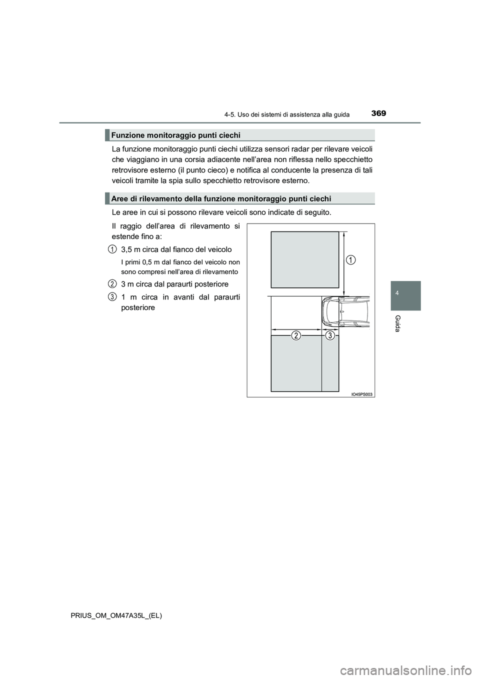 TOYOTA PRIUS 2016  Manuale duso (in Italian) 3694-5. Uso dei sistemi di assistenza alla guida
4
Guida
PRIUS_OM_OM47A35L_(EL)
La funzione monitoraggio punti ciechi utilizza sensori radar per rilevare veicoli
che viaggiano in una corsia adiacente 
