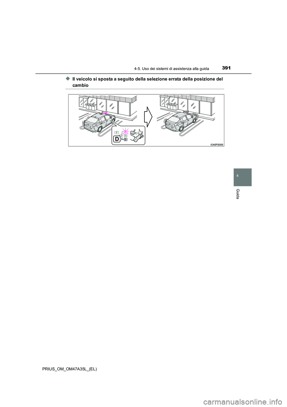 TOYOTA PRIUS 2016 Manuale duso (in Italian) 3914-5. Uso dei sistemi di assistenza alla guida
4
Guida
PRIUS_OM_OM47A35L_(EL)
◆Il veicolo si sposta a seguito della selezione errata della posizione del
cambio TOYOTA PRIUS 2016 Manuale duso (in Italian) 3914-5. Uso dei sistemi di assistenza alla guida
4
Guida
PRIUS_OM_OM47A35L_(EL)
◆Il veicolo si sposta a seguito della selezione errata della posizione del
cambio