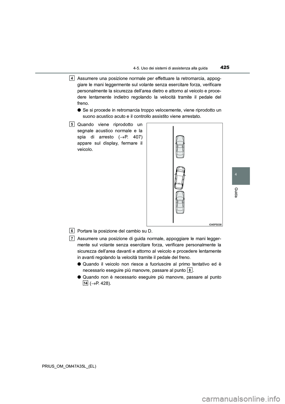 TOYOTA PRIUS 2016 Manuale duso (in Italian) 4254-5. Uso dei sistemi di assistenza alla guida
4
Guida
PRIUS_OM_OM47A35L_(EL)
Assumere una posizione normale per effettuare la retromarcia, appog-
giare le mani leggermente sul volante senza esercit TOYOTA PRIUS 2016 Manuale duso (in Italian) 4254-5. Uso dei sistemi di assistenza alla guida
4
Guida
PRIUS_OM_OM47A35L_(EL)
Assumere una posizione normale per effettuare la retromarcia, appog-
giare le mani leggermente sul volante senza esercit