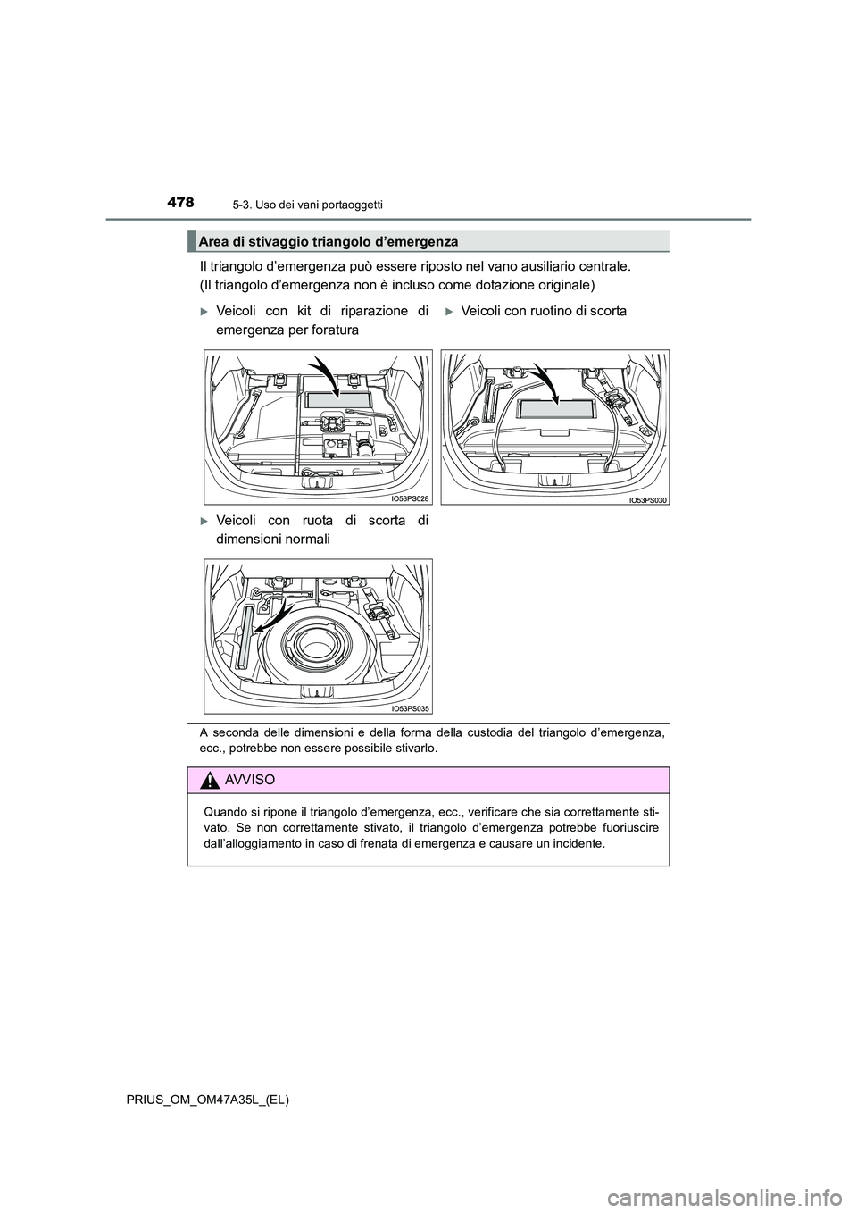 TOYOTA PRIUS 2016  Manuale duso (in Italian) 4785-3. Uso dei vani portaoggetti
PRIUS_OM_OM47A35L_(EL)
Il triangolo d’emergenza può essere riposto nel vano ausiliario centrale. 
(Il triangolo d’emergenza non è incluso come dotazione origina