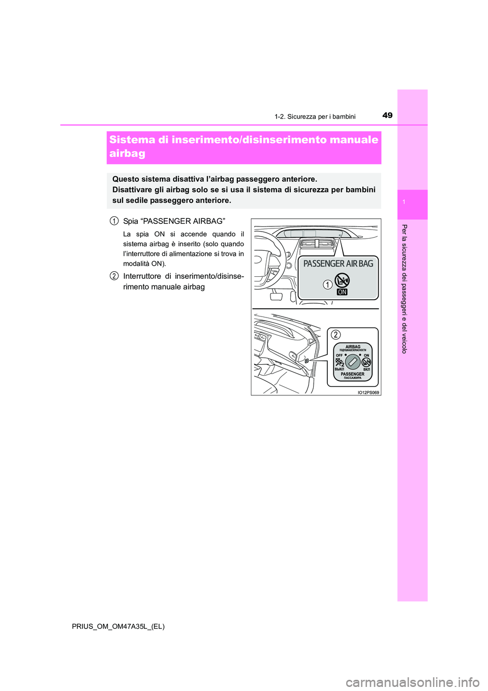 TOYOTA PRIUS 2016  Manuale duso (in Italian) 491-2. Sicurezza per i bambini
1
PRIUS_OM_OM47A35L_(EL)
Per la sicurezza dei passeggeri e del veicolo
Sistema di inserimento/disinserimento manuale 
airbag
Spia “PASSENGER AIRBAG”
La spia ON si ac