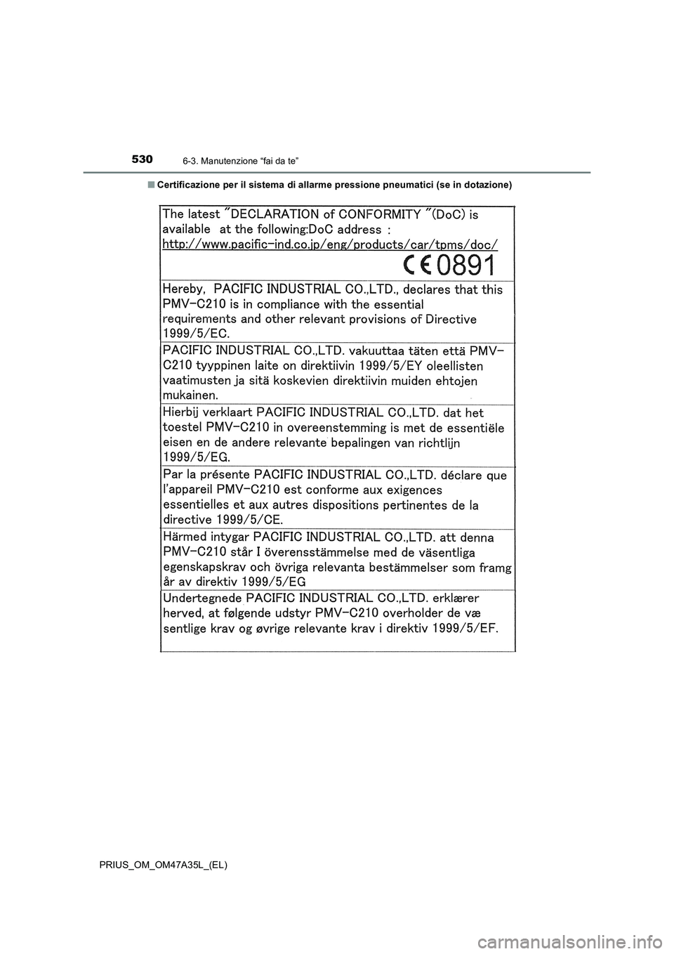 TOYOTA PRIUS 2016 Manuale duso (in Italian) 5306-3. Manutenzione “fai da te”
PRIUS_OM_OM47A35L_(EL)■
Certificazione per il sistema di allarme pressione pneumatici (se in dotazione) TOYOTA PRIUS 2016 Manuale duso (in Italian) 5306-3. Manutenzione “fai da te”
PRIUS_OM_OM47A35L_(EL)■
Certificazione per il sistema di allarme pressione pneumatici (se in dotazione)
