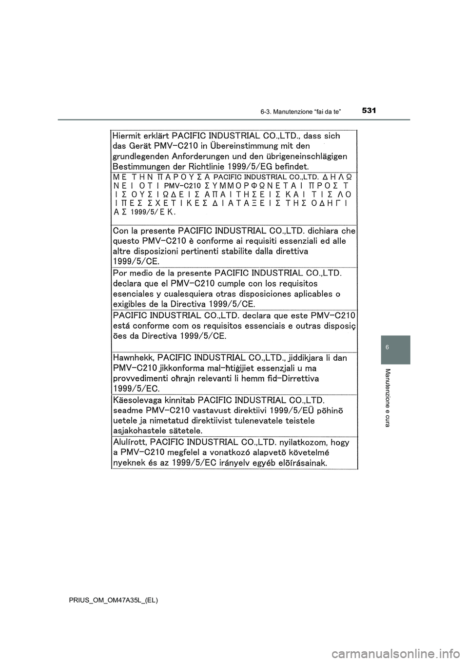 TOYOTA PRIUS 2016 Manuale duso (in Italian) 5316-3. Manutenzione “fai da te”
PRIUS_OM_OM47A35L_(EL)
6
Manutenzione e cura TOYOTA PRIUS 2016 Manuale duso (in Italian) 5316-3. Manutenzione “fai da te”
PRIUS_OM_OM47A35L_(EL)
6
Manutenzione e cura