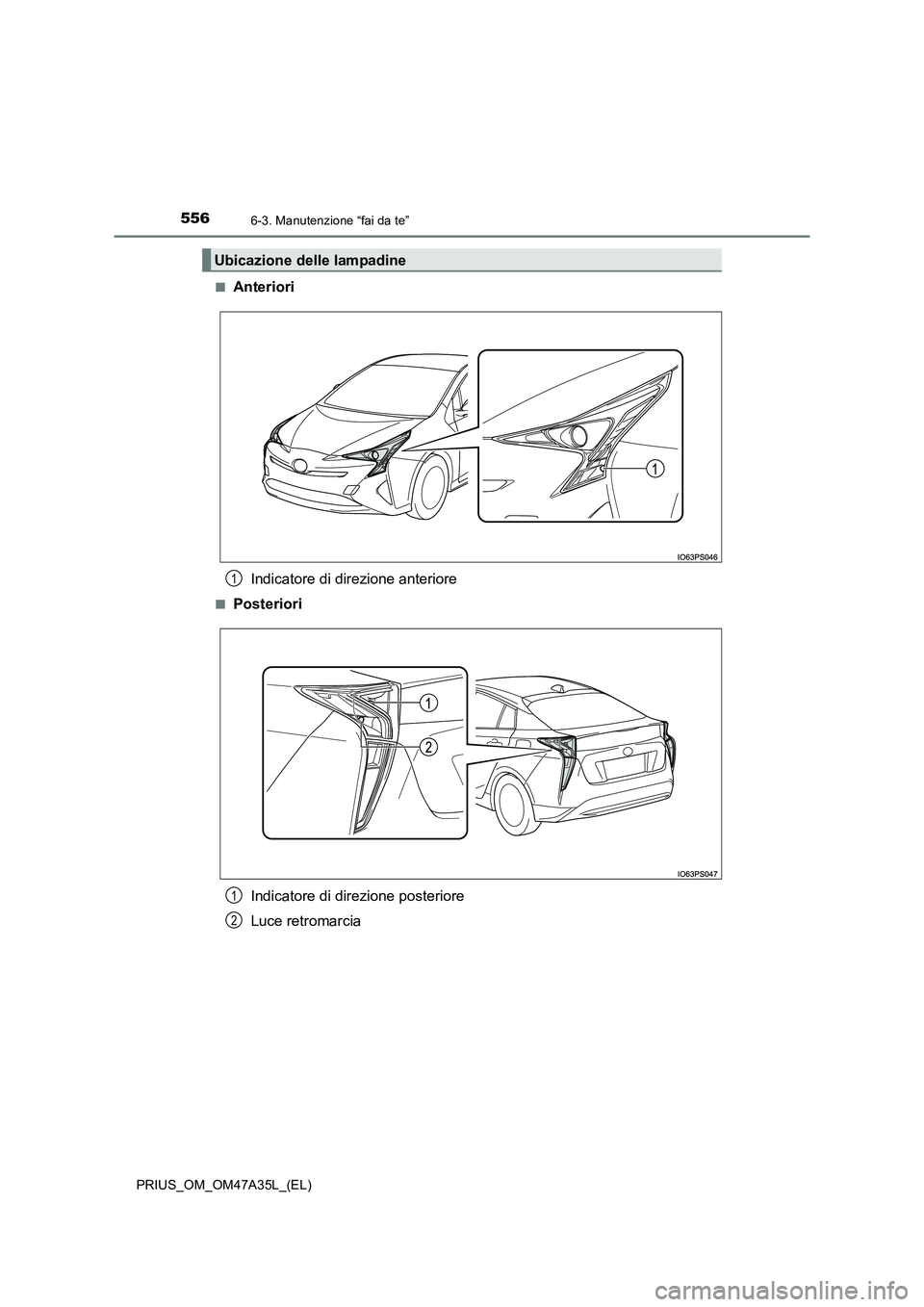 TOYOTA PRIUS 2016  Manuale duso (in Italian) 5566-3. Manutenzione “fai da te”
PRIUS_OM_OM47A35L_(EL)■
Anteriori
Indicatore di direzione anteriore
■PosterioriIndicatore di direzione posteriore
Luce retromarcia
Ubicazione delle lampadine
1