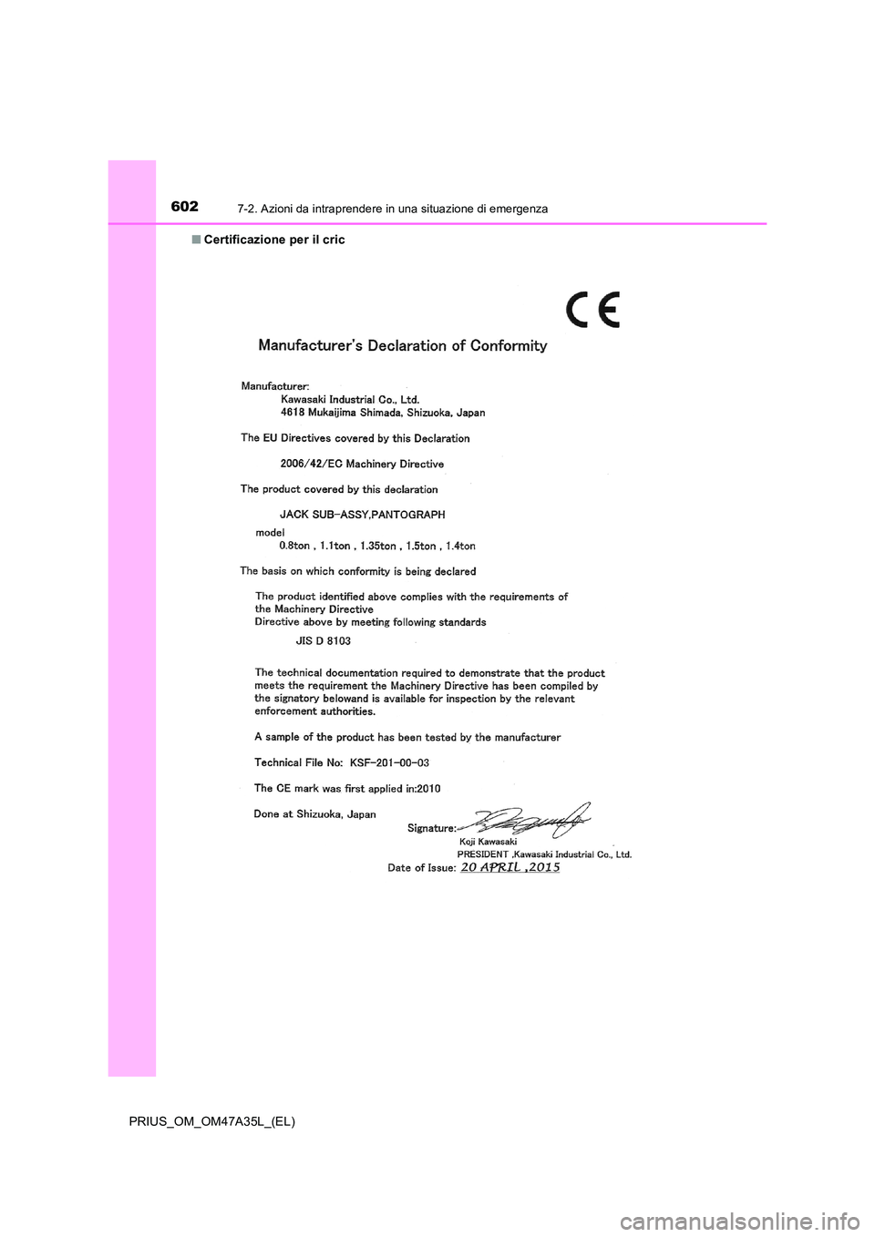 TOYOTA PRIUS 2016  Manuale duso (in Italian) 6027-2. Azioni da intraprendere in una situazione di emergenza
PRIUS_OM_OM47A35L_(EL)■
Certificazione per il cric 