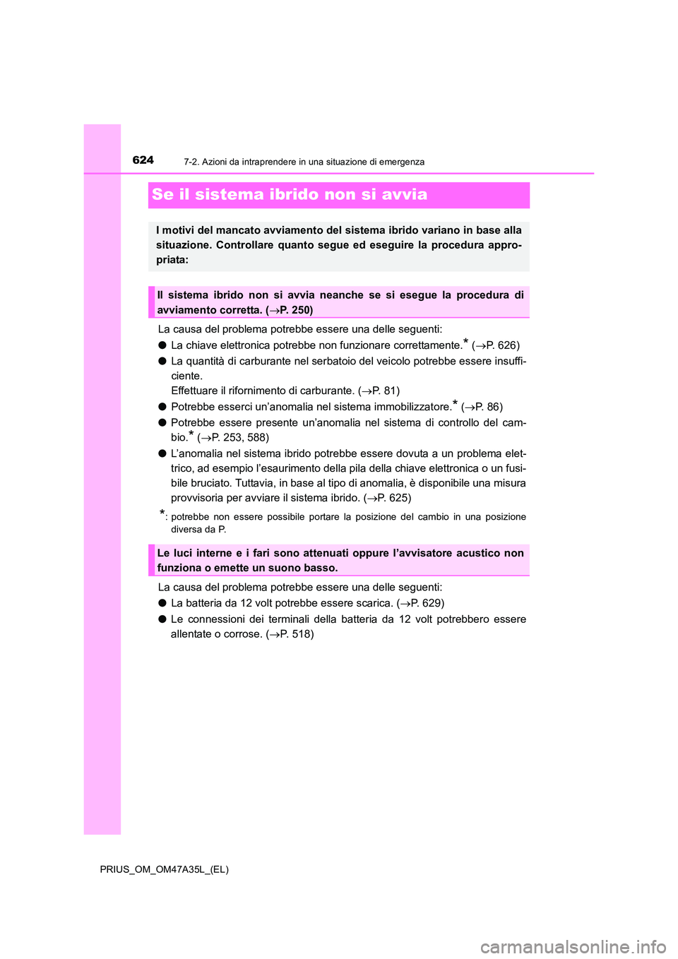 TOYOTA PRIUS 2016  Manuale duso (in Italian) 6247-2. Azioni da intraprendere in una situazione di emergenza
PRIUS_OM_OM47A35L_(EL)
Se il sistema ibrido non si avvia
La causa del problema potrebbe essere una delle seguenti:
●La chiave elettroni