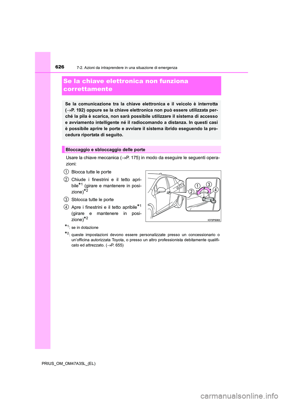 TOYOTA PRIUS 2016  Manuale duso (in Italian) 6267-2. Azioni da intraprendere in una situazione di emergenza
PRIUS_OM_OM47A35L_(EL)
Se la chiave elettronica non funziona 
correttamente
Usare la chiave meccanica (→P. 175) in modo da eseguire le 
