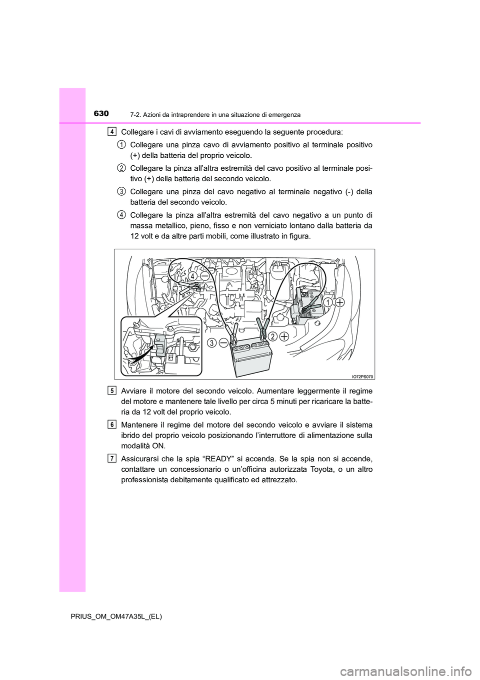 TOYOTA PRIUS 2016  Manuale duso (in Italian) 6307-2. Azioni da intraprendere in una situazione di emergenza
PRIUS_OM_OM47A35L_(EL)
Collegare i cavi di avviamento eseguendo la seguente procedura:Collegare una pinza cavo di avviamento positivo al 