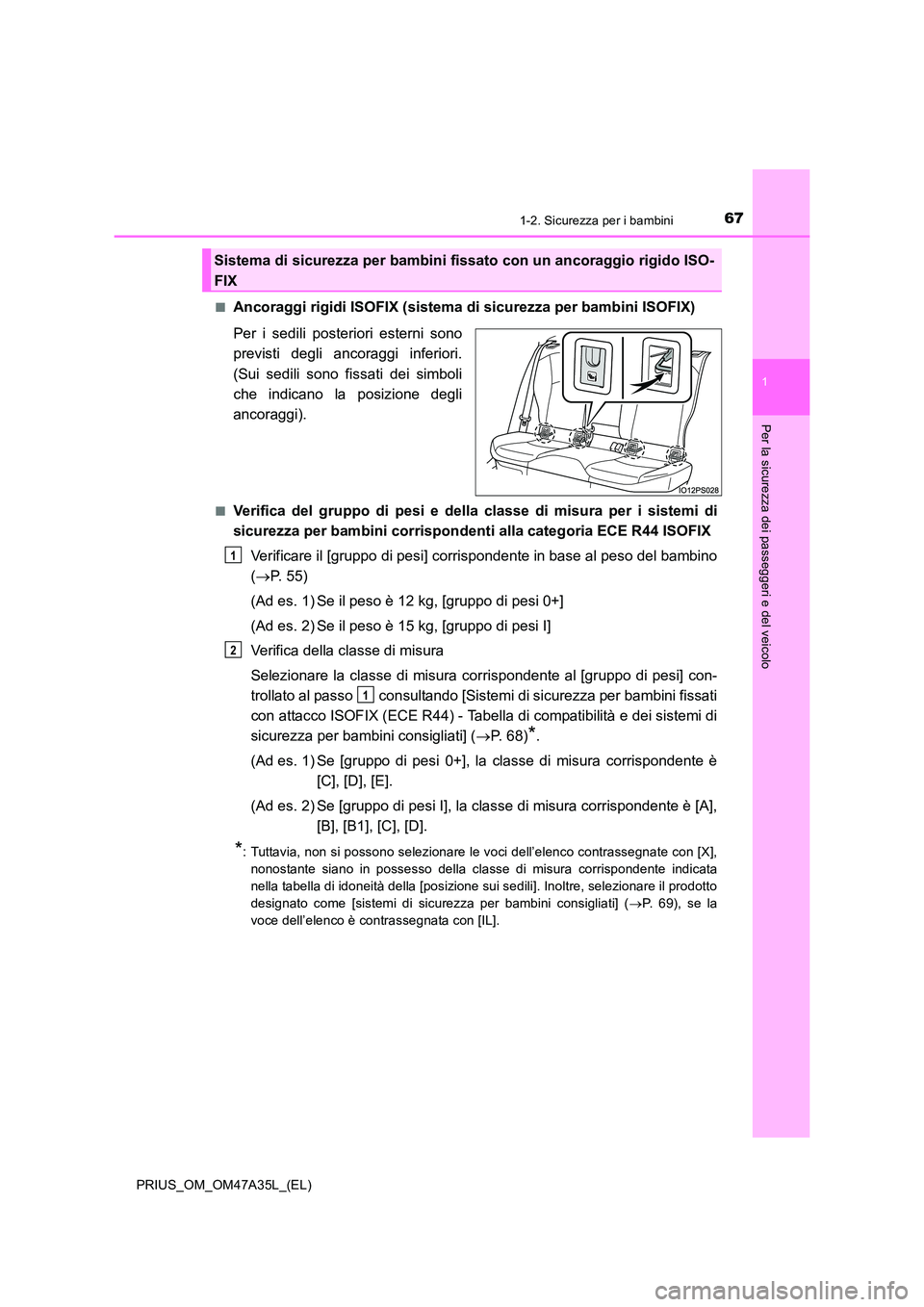TOYOTA PRIUS 2016 Manuale duso (in Italian) 671-2. Sicurezza per i bambini
1
PRIUS_OM_OM47A35L_(EL)
Per la sicurezza dei passeggeri e del veicolo
■Ancoraggi rigidi ISOFIX (sistema di sicurezza per bambini ISOFIX)
Per i sedili posteriori ester TOYOTA PRIUS 2016 Manuale duso (in Italian) 671-2. Sicurezza per i bambini
1
PRIUS_OM_OM47A35L_(EL)
Per la sicurezza dei passeggeri e del veicolo
■Ancoraggi rigidi ISOFIX (sistema di sicurezza per bambini ISOFIX)
Per i sedili posteriori ester