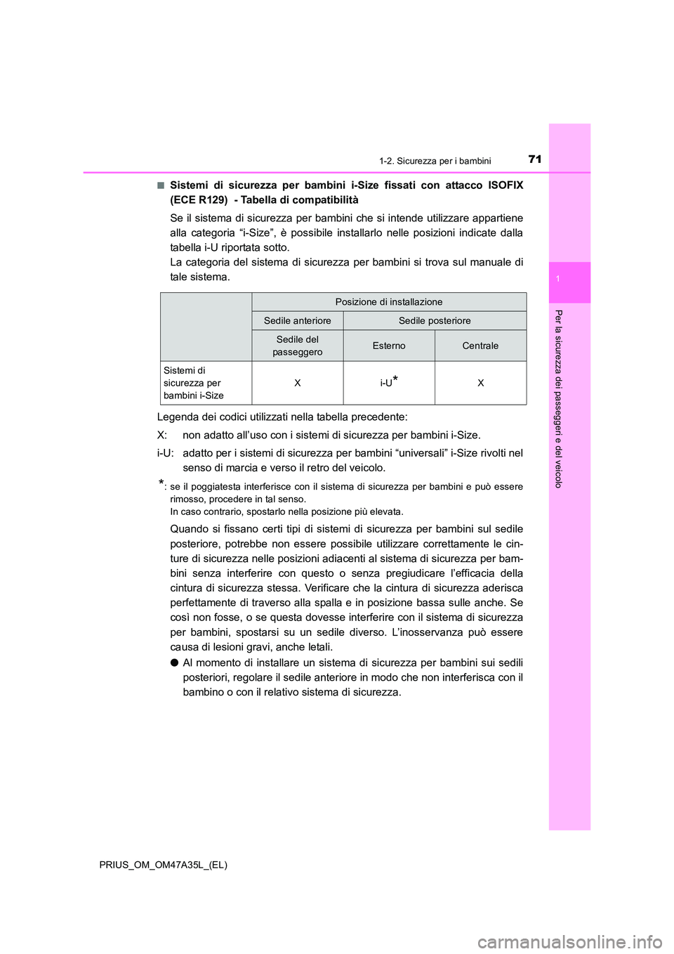 TOYOTA PRIUS 2016  Manuale duso (in Italian) 711-2. Sicurezza per i bambini
1
PRIUS_OM_OM47A35L_(EL)
Per la sicurezza dei passeggeri e del veicolo
■Sistemi di sicurezza per bambini i-Size fissati con attacco ISOFIX
(ECE R129)  - Tabella di com