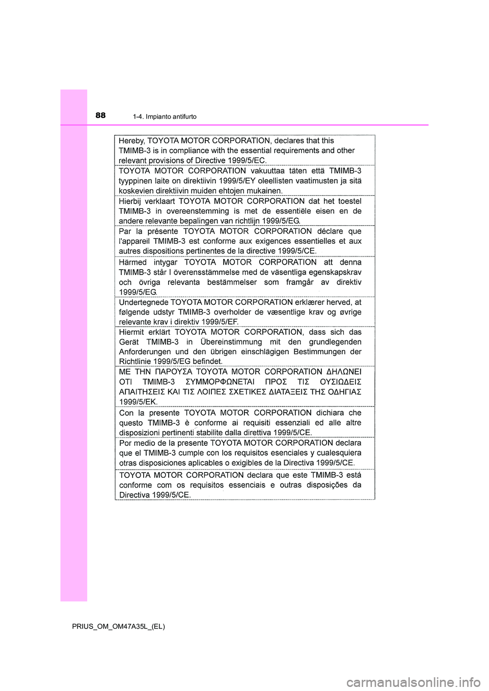 TOYOTA PRIUS 2016  Manuale duso (in Italian) 881-4. Impianto antifurto
PRIUS_OM_OM47A35L_(EL) 