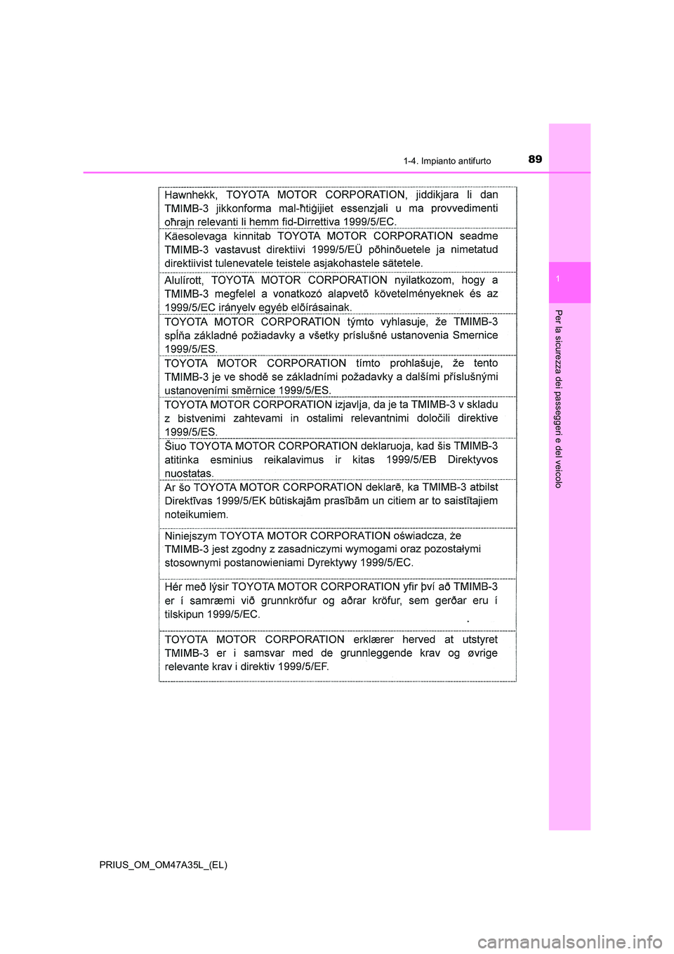 TOYOTA PRIUS 2016  Manuale duso (in Italian) 891-4. Impianto antifurto
1
PRIUS_OM_OM47A35L_(EL)
Per la sicurezza dei passeggeri e del veicolo 