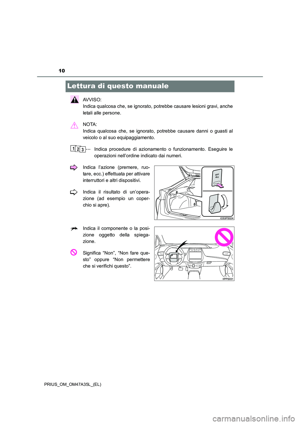 TOYOTA PRIUS 2016  Manuale duso (in Italian) 10
PRIUS_OM_OM47A35L_(EL)
Lettura di questo manuale
AVVISO: 
Indica qualcosa che, se ignorato, potrebbe causare lesioni gravi, anche
letali alle persone.
NOTA: 
Indica qualcosa che, se ignorato, potre