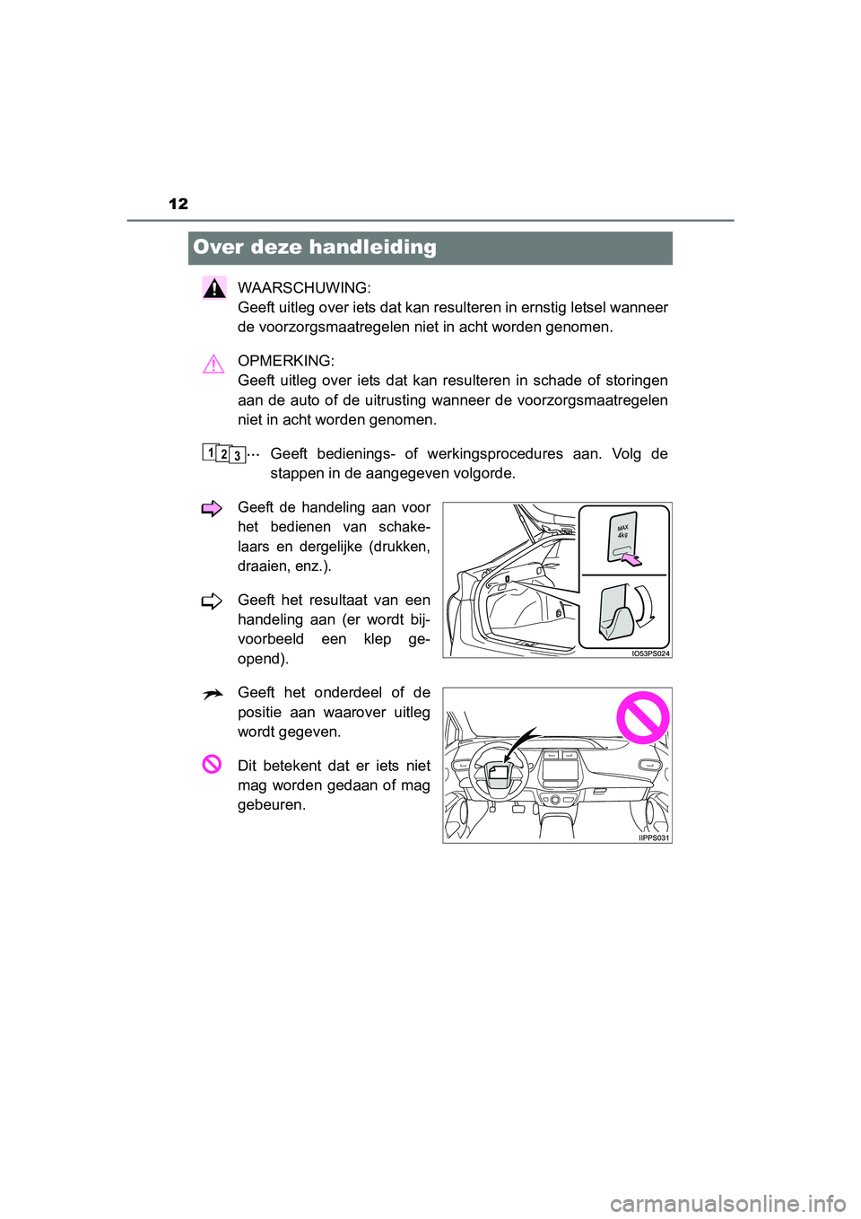 TOYOTA PRIUS 2015 Instructieboekje (in Dutch) 12
PRIUS_OM_OM47A31E_(EE)
Over deze handleiding
WAARSCHUWING:
Geeft uitleg over iets dat kan resulteren in ernstig letsel wanneer
de voorzorgsmaatregelen niet in acht worden genomen.
OPMERKING:
Geef TOYOTA PRIUS 2015 Instructieboekje (in Dutch) 12
PRIUS_OM_OM47A31E_(EE)
Over deze handleiding
WAARSCHUWING:
Geeft uitleg over iets dat kan resulteren in ernstig letsel wanneer
de voorzorgsmaatregelen niet in acht worden genomen.
OPMERKING:
Geef