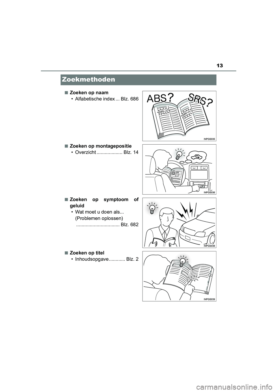 TOYOTA PRIUS 2015 Instructieboekje (in Dutch) 13
PRIUS_OM_OM47A31E_(EE)
Zoekmethoden
■Zoeken op naam• Alfabetische index ... Blz. 686
■Zoeken op montagepositie• Overzicht ................... Blz. 14
■Zoeken op symptoom of
geluid• Wat TOYOTA PRIUS 2015 Instructieboekje (in Dutch) 13
PRIUS_OM_OM47A31E_(EE)
Zoekmethoden
■Zoeken op naam• Alfabetische index ... Blz. 686
■Zoeken op montagepositie• Overzicht ................... Blz. 14
■Zoeken op symptoom of
geluid• Wat