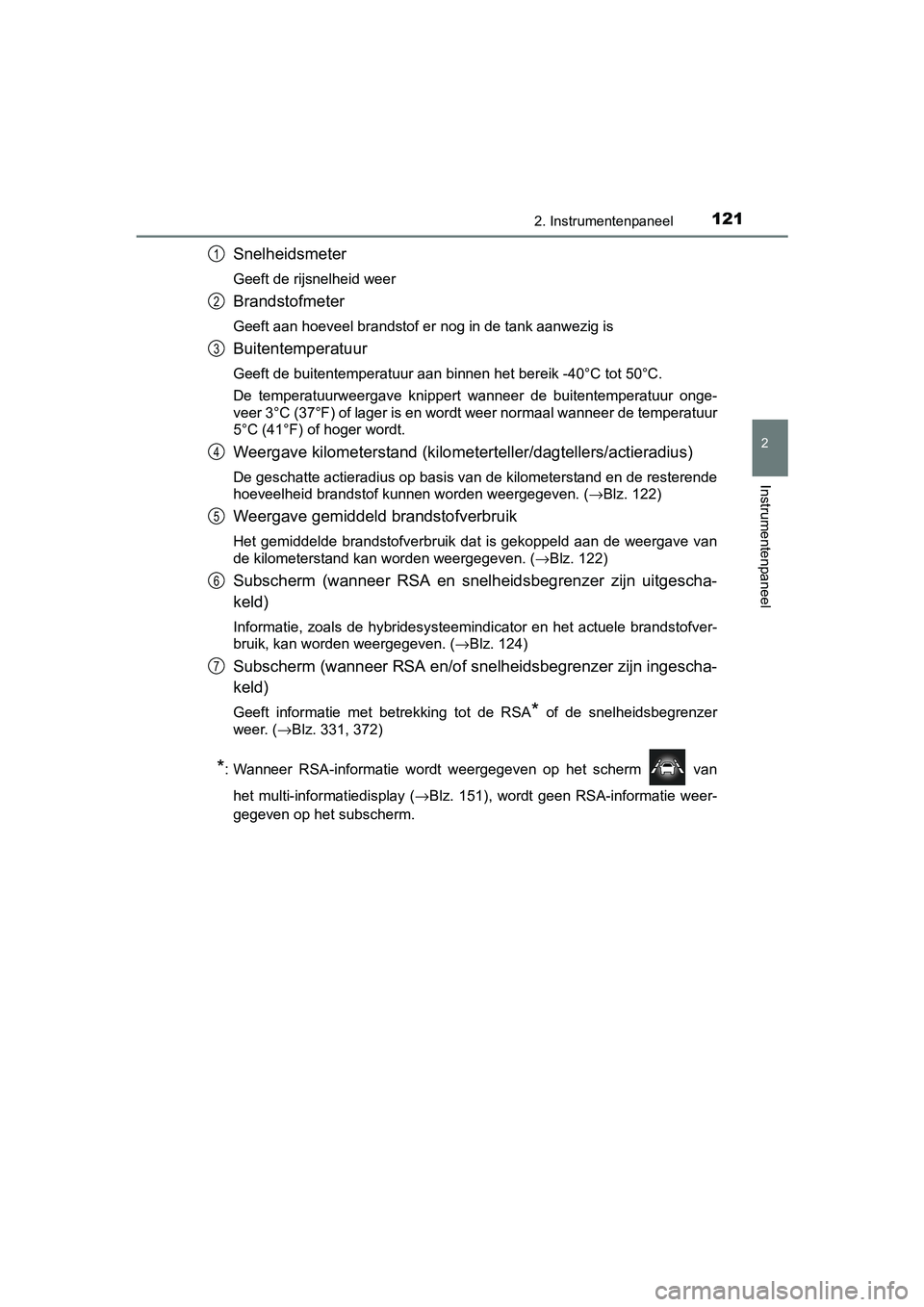 TOYOTA PRIUS 2015  Instructieboekje (in Dutch) 1212. Instrumentenpaneel
2
Instrumentenpaneel
PRIUS_OM_OM47A31E_(EE)
Snelheidsmeter
Geeft de rijsnelheid weer
Brandstofmeter
Geeft aan hoeveel brandstof er nog in de tank aanwezig is
Buitentemperatuur