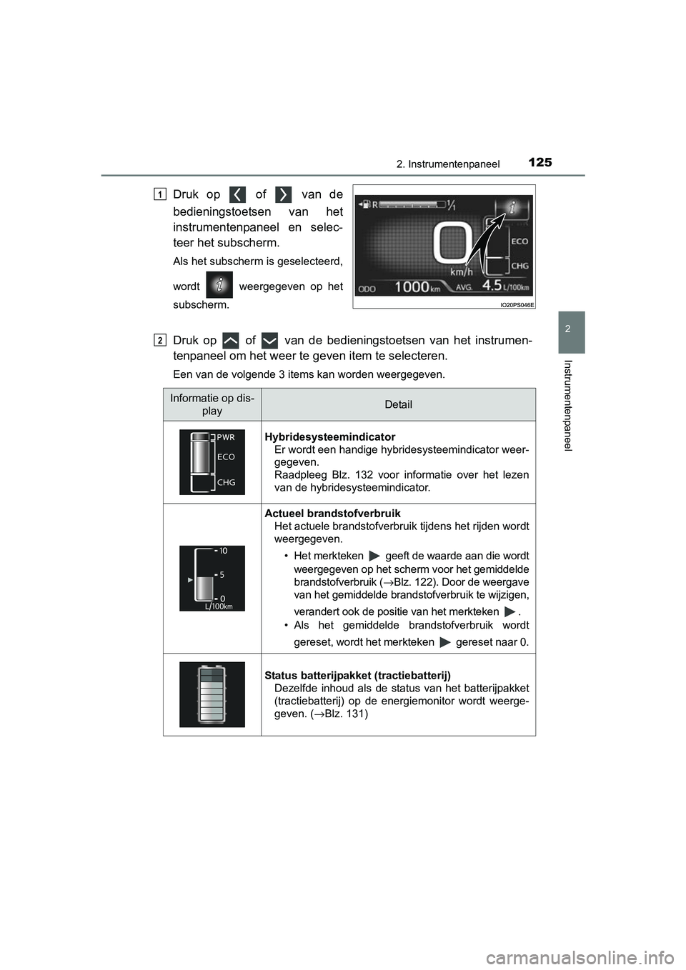 TOYOTA PRIUS 2015  Instructieboekje (in Dutch) 1252. Instrumentenpaneel
2
Instrumentenpaneel
PRIUS_OM_OM47A31E_(EE)
Druk op   of   van de
bedieningstoetsen van het
instrumentenpaneel en selec-
teer het subscherm.
Als het subscherm is geselecteerd,