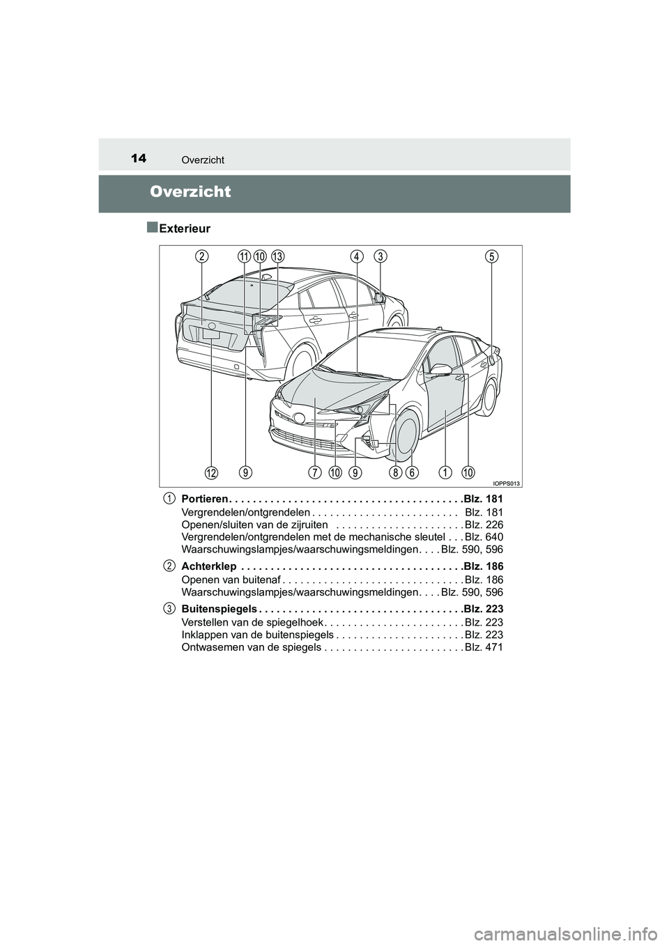 TOYOTA PRIUS 2015 Instructieboekje (in Dutch) 14Overzicht
PRIUS_OM_OM47A31E_(EE)
Overzicht
■
Exterieur
Portieren . . . . . . . . . . . . . . . . . . . . . . . . . . . . . . . . . . . . . . . .Blz. 181
Vergrendelen/ontgrendelen . . . . . . . . . TOYOTA PRIUS 2015 Instructieboekje (in Dutch) 14Overzicht
PRIUS_OM_OM47A31E_(EE)
Overzicht
■
Exterieur
Portieren . . . . . . . . . . . . . . . . . . . . . . . . . . . . . . . . . . . . . . . .Blz. 181
Vergrendelen/ontgrendelen . . . . . . . . .