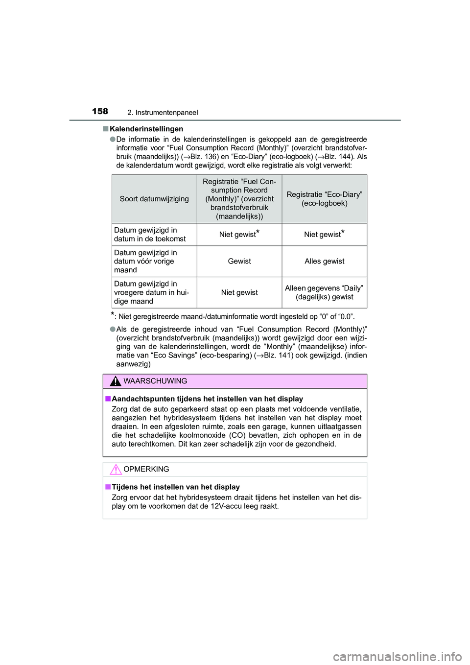 TOYOTA PRIUS 2015 Instructieboekje (in Dutch) 1582. Instrumentenpaneel
PRIUS_OM_OM47A31E_(EE)■
Kalenderinstellingen
●
De informatie in de kalenderinstellingen is gekoppeld aan de geregistreerde
informatie voor “Fuel Consumption Record (Mont TOYOTA PRIUS 2015 Instructieboekje (in Dutch) 1582. Instrumentenpaneel
PRIUS_OM_OM47A31E_(EE)■
Kalenderinstellingen
●
De informatie in de kalenderinstellingen is gekoppeld aan de geregistreerde
informatie voor “Fuel Consumption Record (Mont