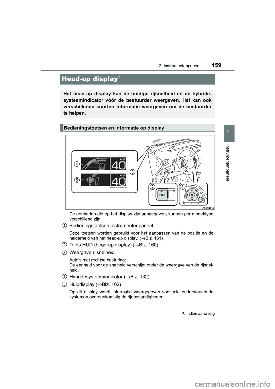 TOYOTA PRIUS 2015 Instructieboekje (in Dutch) 159
2
2. Instrumentenpaneel
Instrumentenpaneel
PRIUS_OM_OM47A31E_(EE)
Head-up display∗
De eenheden die op het display zijn aangegeven, kunnen per model/type
verschillend zijn.
Bedieningstoetsen inst TOYOTA PRIUS 2015 Instructieboekje (in Dutch) 159
2
2. Instrumentenpaneel
Instrumentenpaneel
PRIUS_OM_OM47A31E_(EE)
Head-up display∗
De eenheden die op het display zijn aangegeven, kunnen per model/type
verschillend zijn.
Bedieningstoetsen inst