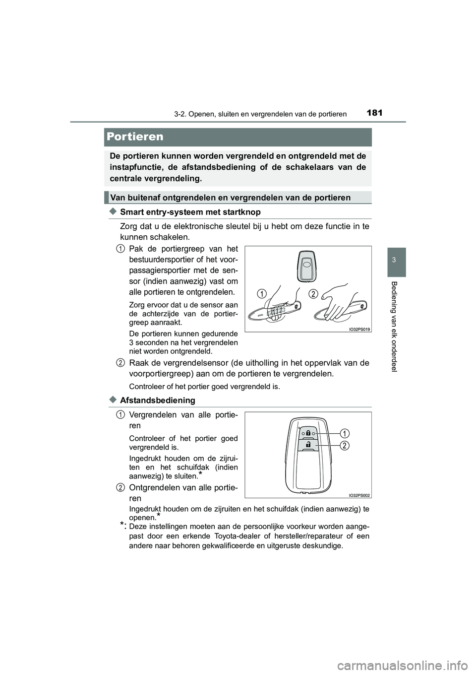 TOYOTA PRIUS 2015  Instructieboekje (in Dutch) 181
3
3-2. Openen, sluiten en vergrendelen van de portieren
Bediening van elk onderdeel
PRIUS_OM_OM47A31E_(EE)
Por tieren
◆Smart entry-systeem met startknop
Zorg dat u de elektronische sleutel bij u