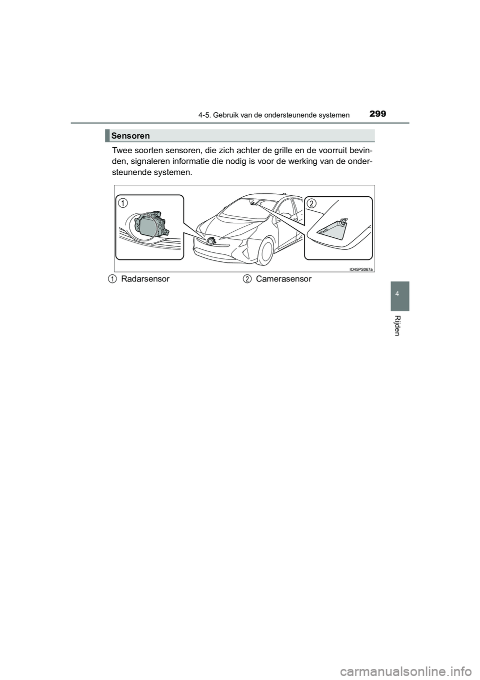 TOYOTA PRIUS 2015  Instructieboekje (in Dutch) 2994-5. Gebruik van de ondersteunende systemen
4
Rijden
PRIUS_OM_OM47A31E_(EE)
Twee soorten sensoren, die zich achter de gr ille en de voorruit bevin-
den, signaleren informatie die nodig is voor de w