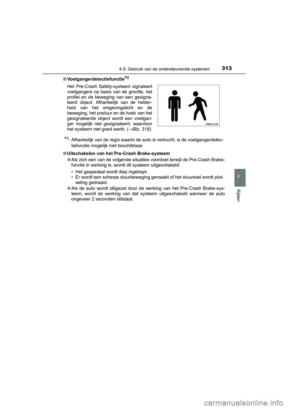 TOYOTA PRIUS 2015 Instructieboekje (in Dutch) 3134-5. Gebruik van de ondersteunende systemen
4
Rijden
PRIUS_OM_OM47A31E_(EE)■
Voetgangerdetectiefunctie
*2
*2: Afhankelijk van de regio waarin de auto is verkocht, is de voetgangerdetec-
tiefuncti TOYOTA PRIUS 2015 Instructieboekje (in Dutch) 3134-5. Gebruik van de ondersteunende systemen
4
Rijden
PRIUS_OM_OM47A31E_(EE)■
Voetgangerdetectiefunctie
*2
*2: Afhankelijk van de regio waarin de auto is verkocht, is de voetgangerdetec-
tiefuncti