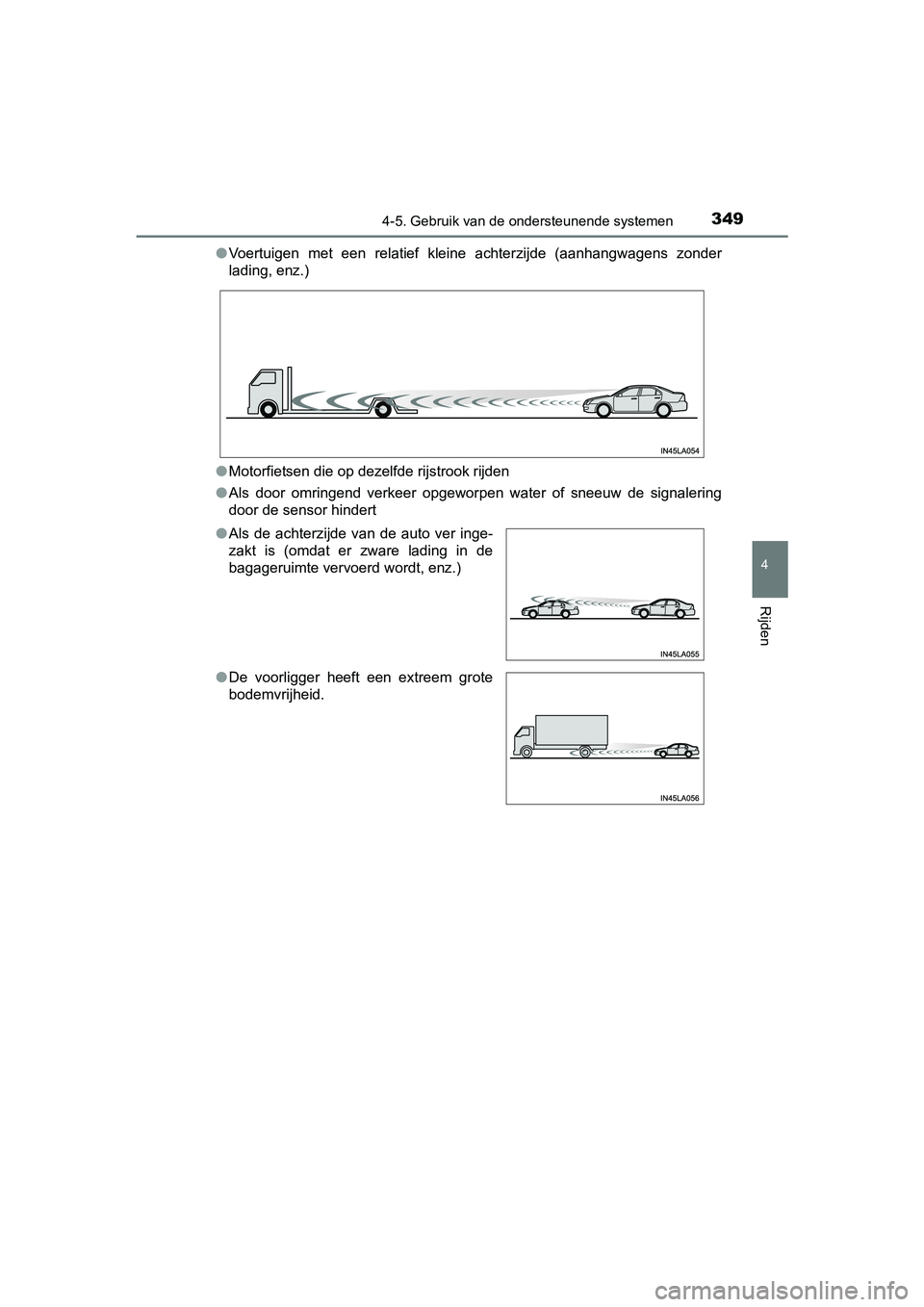 TOYOTA PRIUS 2015  Instructieboekje (in Dutch) 3494-5. Gebruik van de ondersteunende systemen
4
Rijden
PRIUS_OM_OM47A31E_(EE)●
Voertuigen met een relatief kleine achterzijde (aanhangwagens zonder
lading, enz.)
● Motorfietsen die op dezelfde ri