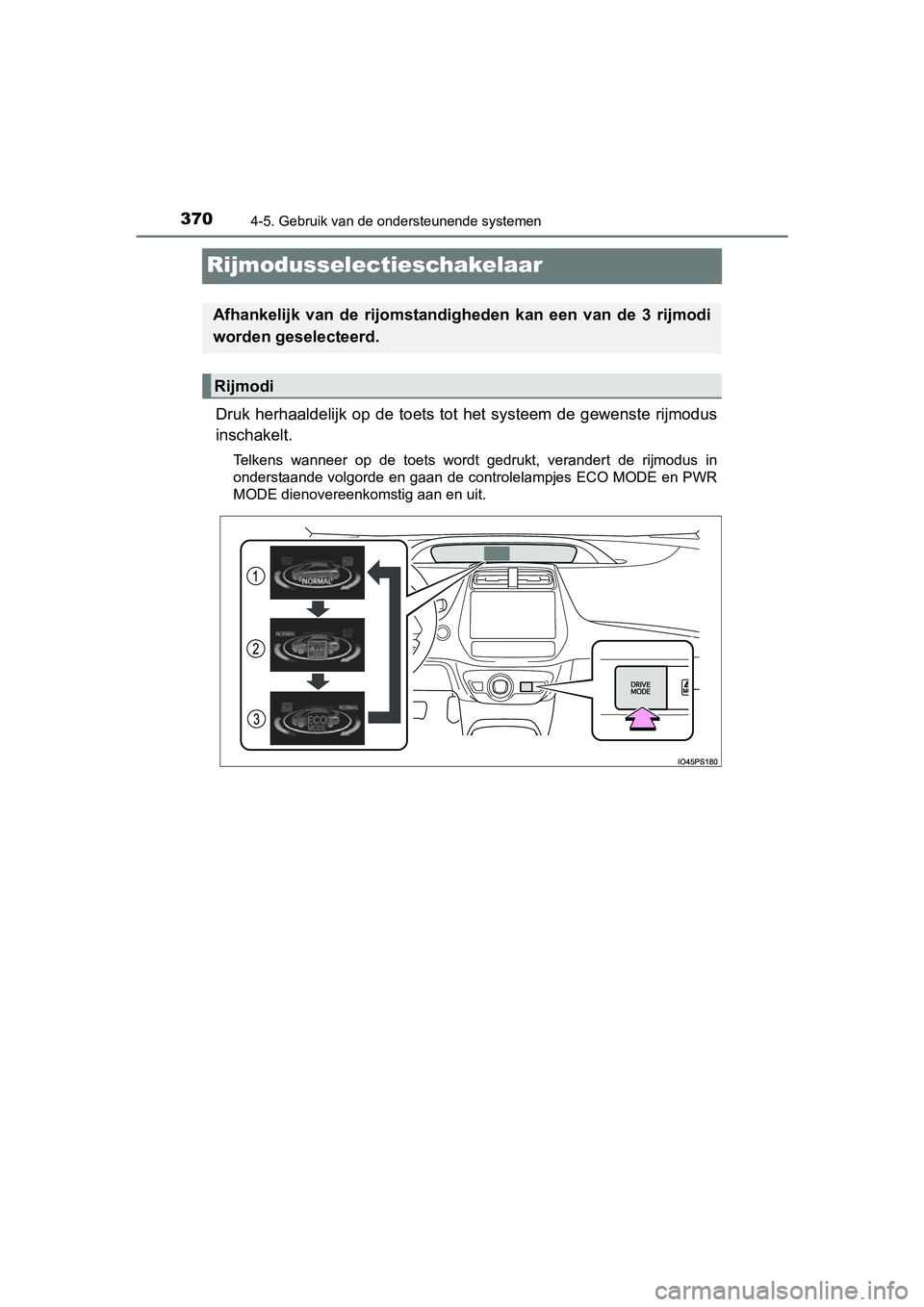 TOYOTA PRIUS 2015 Instructieboekje (in Dutch) 3704-5. Gebruik van de ondersteunende systemen
PRIUS_OM_OM47A31E_(EE)
Rijmodusselectieschakelaar
Druk herhaaldelijk op de toets tot het systeem de gewenste rijmodus
inschakelt.
Telkens wanneer op de t TOYOTA PRIUS 2015 Instructieboekje (in Dutch) 3704-5. Gebruik van de ondersteunende systemen
PRIUS_OM_OM47A31E_(EE)
Rijmodusselectieschakelaar
Druk herhaaldelijk op de toets tot het systeem de gewenste rijmodus
inschakelt.
Telkens wanneer op de t