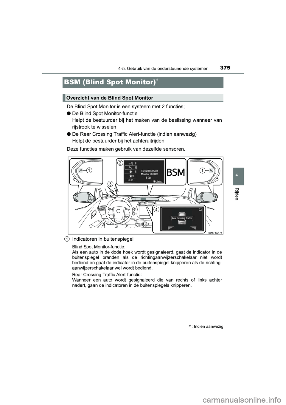 TOYOTA PRIUS 2015 Instructieboekje (in Dutch) 375
4
4-5. Gebruik van de ondersteunende systemen
Rijden
PRIUS_OM_OM47A31E_(EE)
BSM (Blind Spot Monitor)∗
De Blind Spot Monitor is een systeem met 2 functies;
● De Blind Spot Monitor-functie
Help TOYOTA PRIUS 2015 Instructieboekje (in Dutch) 375
4
4-5. Gebruik van de ondersteunende systemen
Rijden
PRIUS_OM_OM47A31E_(EE)
BSM (Blind Spot Monitor)∗
De Blind Spot Monitor is een systeem met 2 functies;
● De Blind Spot Monitor-functie
Help
