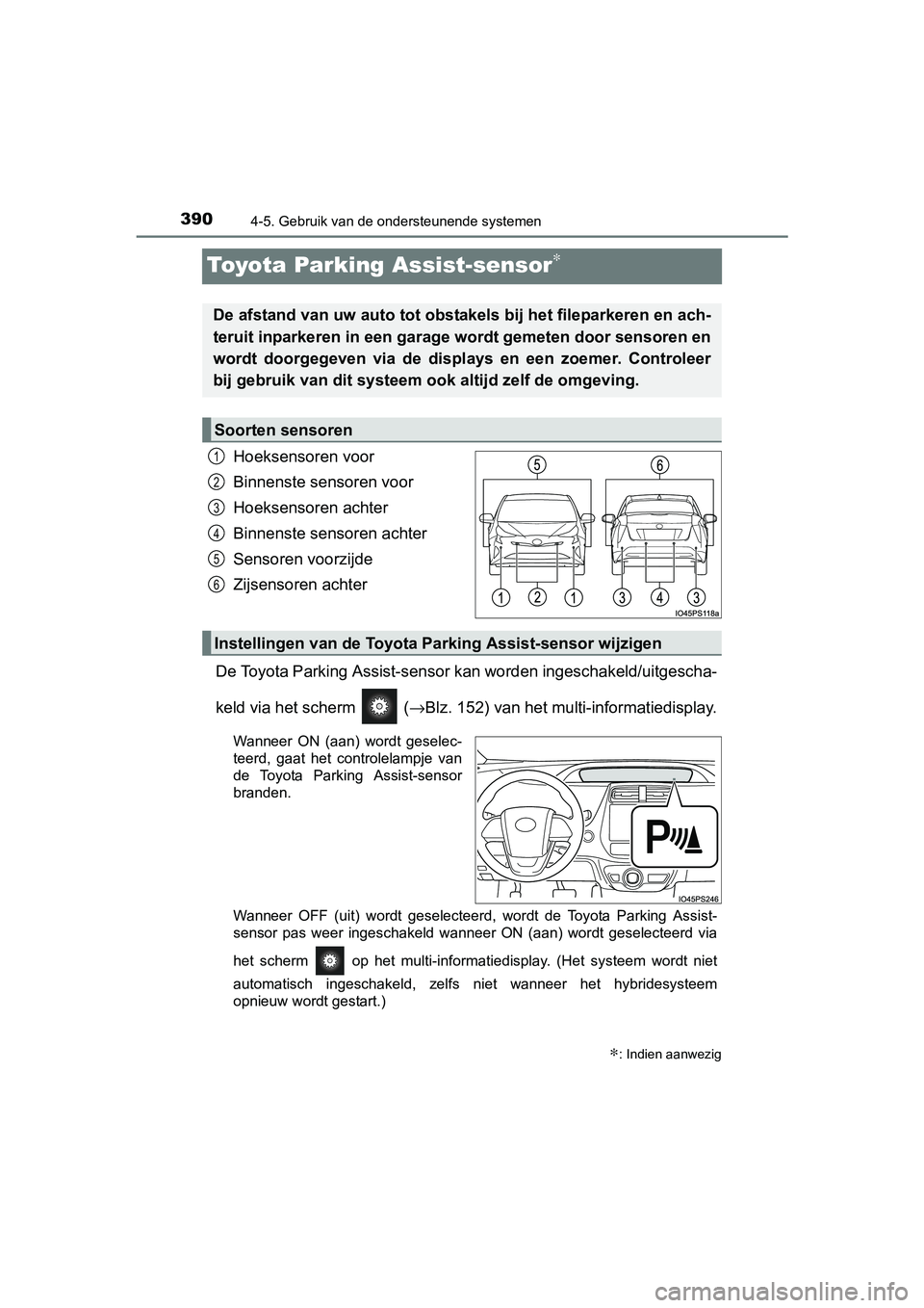 TOYOTA PRIUS 2015 Instructieboekje (in Dutch) 3904-5. Gebruik van de ondersteunende systemen
PRIUS_OM_OM47A31E_(EE)
Toyota Parking Assist-sensor∗
Hoeksensoren voor
Binnenste sensoren voor
Hoeksensoren achter
Binnenste sensoren achter
Sensoren v TOYOTA PRIUS 2015 Instructieboekje (in Dutch) 3904-5. Gebruik van de ondersteunende systemen
PRIUS_OM_OM47A31E_(EE)
Toyota Parking Assist-sensor∗
Hoeksensoren voor
Binnenste sensoren voor
Hoeksensoren achter
Binnenste sensoren achter
Sensoren v
