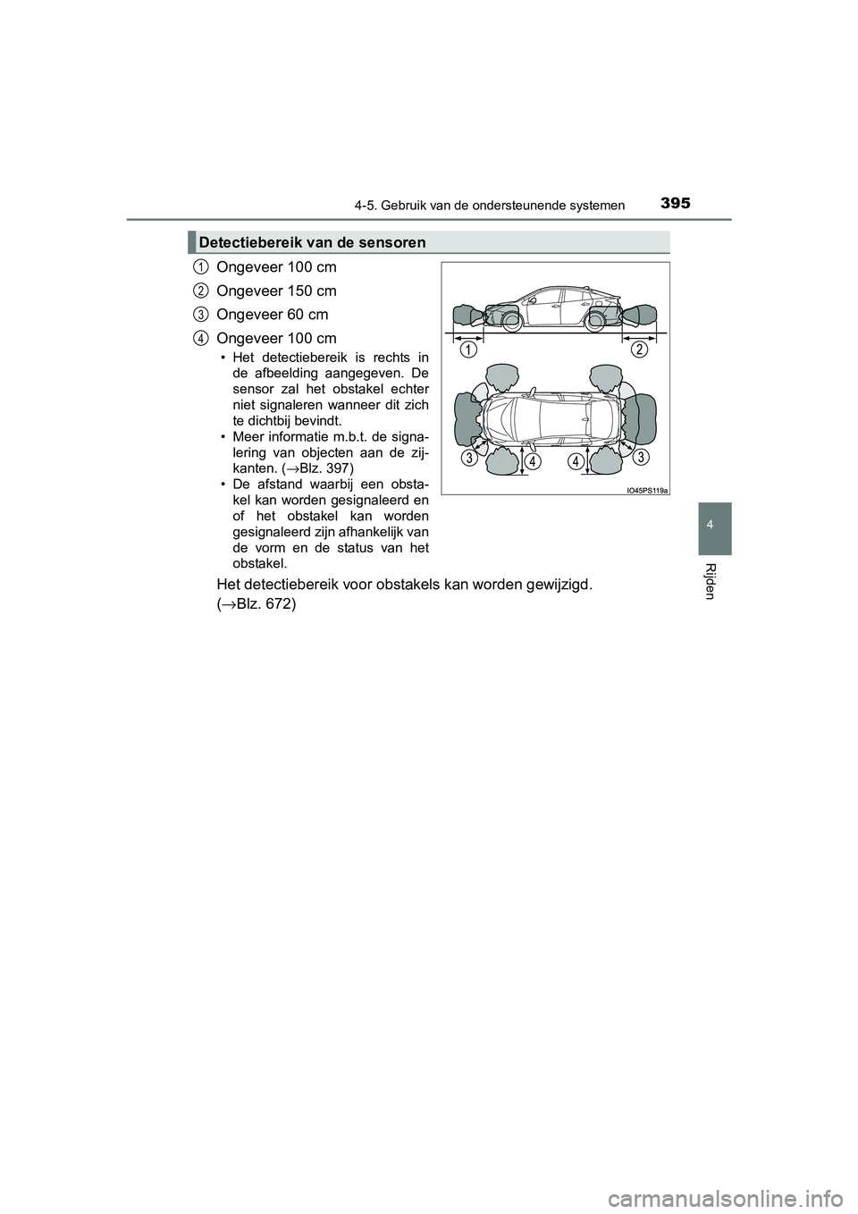 TOYOTA PRIUS 2015 Instructieboekje (in Dutch) 3954-5. Gebruik van de ondersteunende systemen
4
Rijden
PRIUS_OM_OM47A31E_(EE)
Ongeveer 100 cm
Ongeveer 150 cm
Ongeveer 60 cm
Ongeveer 100 cm
• Het detectiebereik is rechts inde afbeelding aangegeve TOYOTA PRIUS 2015 Instructieboekje (in Dutch) 3954-5. Gebruik van de ondersteunende systemen
4
Rijden
PRIUS_OM_OM47A31E_(EE)
Ongeveer 100 cm
Ongeveer 150 cm
Ongeveer 60 cm
Ongeveer 100 cm
• Het detectiebereik is rechts inde afbeelding aangegeve