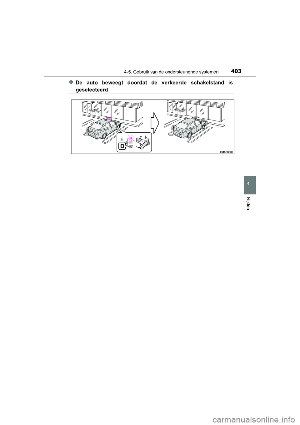 TOYOTA PRIUS 2015 Instructieboekje (in Dutch) 4034-5. Gebruik van de ondersteunende systemen
4
Rijden
PRIUS_OM_OM47A31E_(EE)
◆De auto beweegt doordat de verkeerde schakelstand is
geselecteerd
PRIUS_OM_OM47A31E_(EE).book Page 403 Tuesday, Nov TOYOTA PRIUS 2015 Instructieboekje (in Dutch) 4034-5. Gebruik van de ondersteunende systemen
4
Rijden
PRIUS_OM_OM47A31E_(EE)
◆De auto beweegt doordat de verkeerde schakelstand is
geselecteerd
PRIUS_OM_OM47A31E_(EE).book Page 403 Tuesday, Nov
