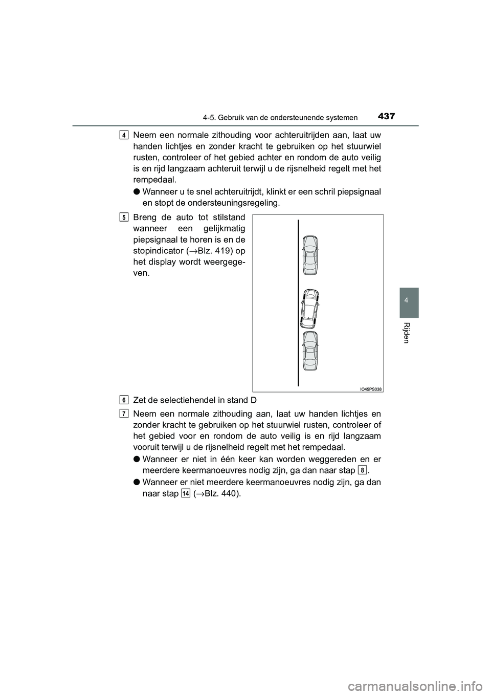 TOYOTA PRIUS 2015  Instructieboekje (in Dutch) 4374-5. Gebruik van de ondersteunende systemen
4
Rijden
PRIUS_OM_OM47A31E_(EE)
Neem een normale zithouding voor achteruitrijden aan, laat uw
handen lichtjes en zonder kracht te gebruiken op het stuurw