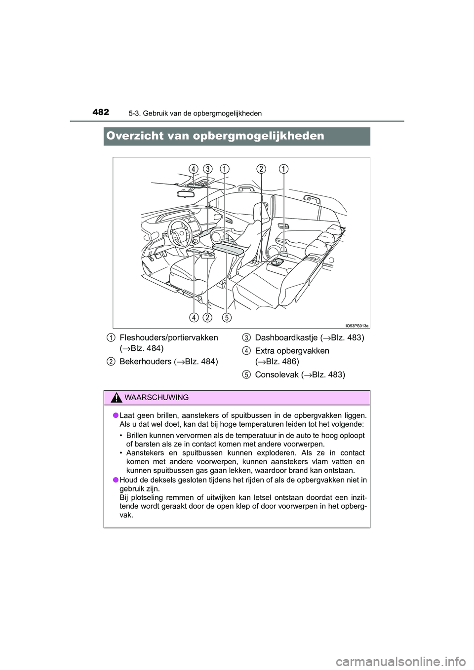 TOYOTA PRIUS 2015 Instructieboekje (in Dutch) 4825-3. Gebruik van de opbergmogelijkheden
PRIUS_OM_OM47A31E_(EE)
Overzicht van opbergmogelijkheden
Fleshouders/portiervakken
(→ Blz. 484)
Bekerhouders (→Blz. 484) Dashboardkastje (
→Blz. 483) TOYOTA PRIUS 2015 Instructieboekje (in Dutch) 4825-3. Gebruik van de opbergmogelijkheden
PRIUS_OM_OM47A31E_(EE)
Overzicht van opbergmogelijkheden
Fleshouders/portiervakken
(→ Blz. 484)
Bekerhouders (→Blz. 484) Dashboardkastje (
→Blz. 483)