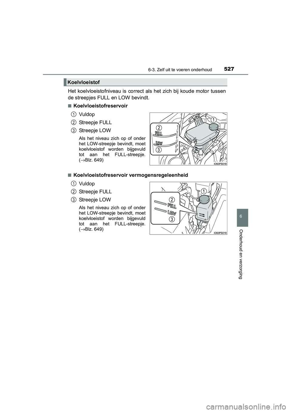 TOYOTA PRIUS 2015  Instructieboekje (in Dutch) 5276-3. Zelf uit te voeren onderhoud
PRIUS_OM_OM47A31E_(EE)
6
Onderhoud en verzorging
Het koelvloeistofniveau is correct als het zich bij koude motor tussen
de streepjes FULL en LOW bevindt.
■Koelvl